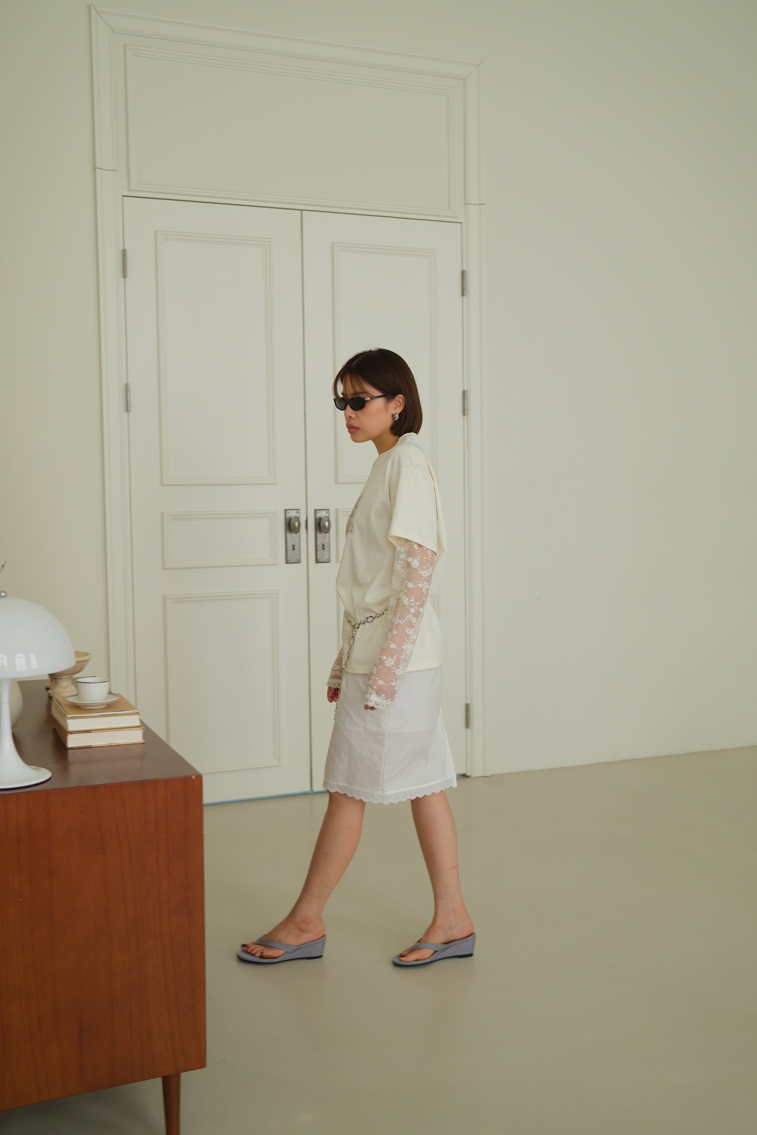 Coral Cotton Lace Hem Midi Skirt