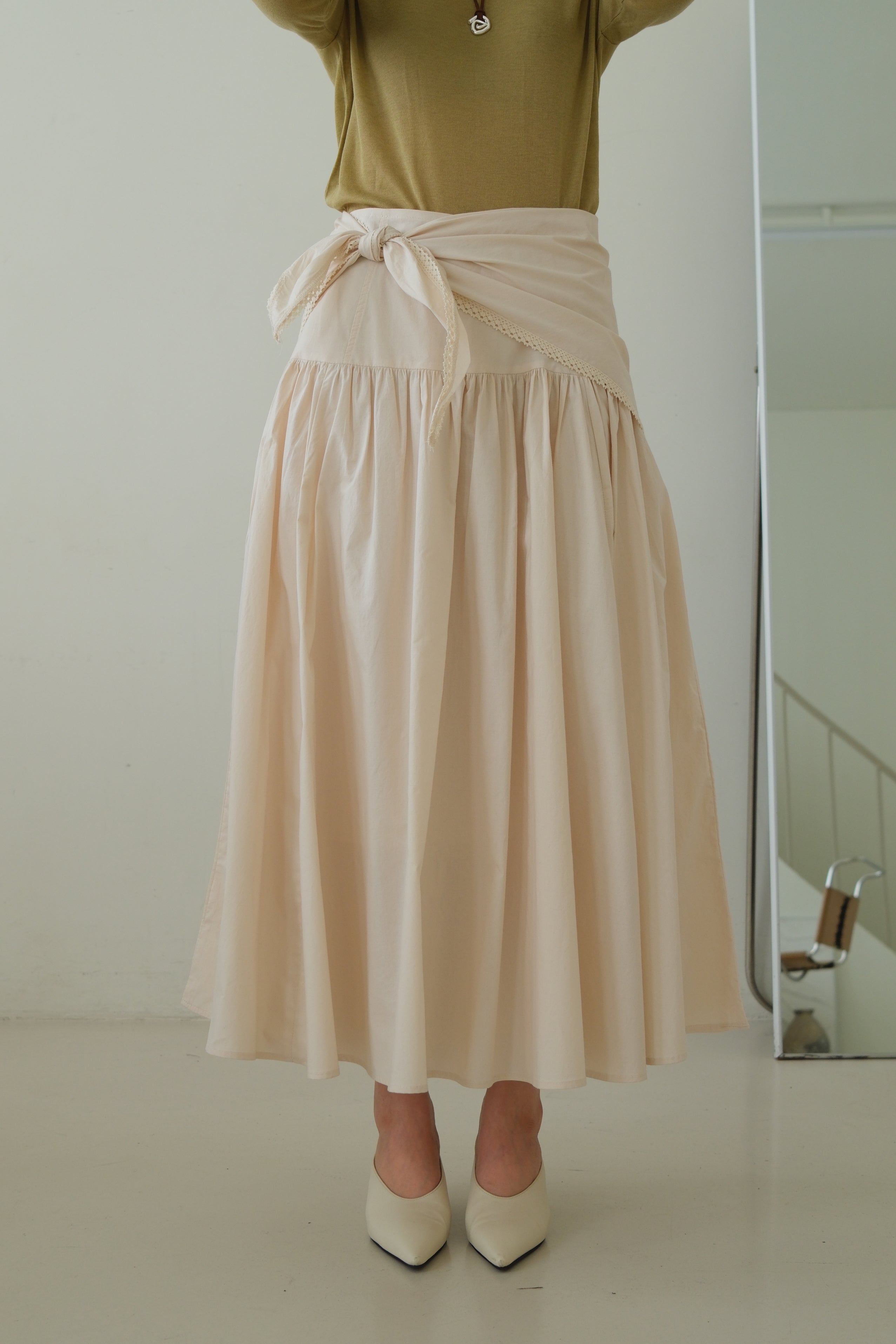 Cotton Maxi Skirt with Lace Tie Waist