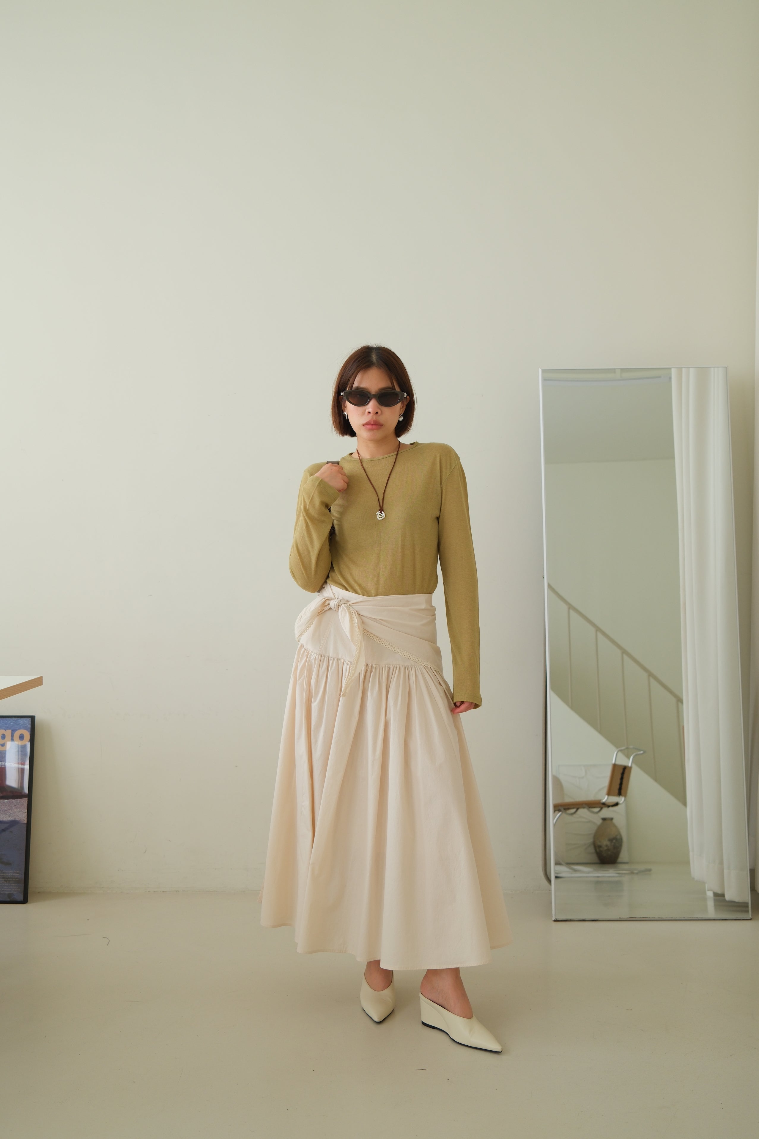 Cotton Maxi Skirt with Lace Tie Waist