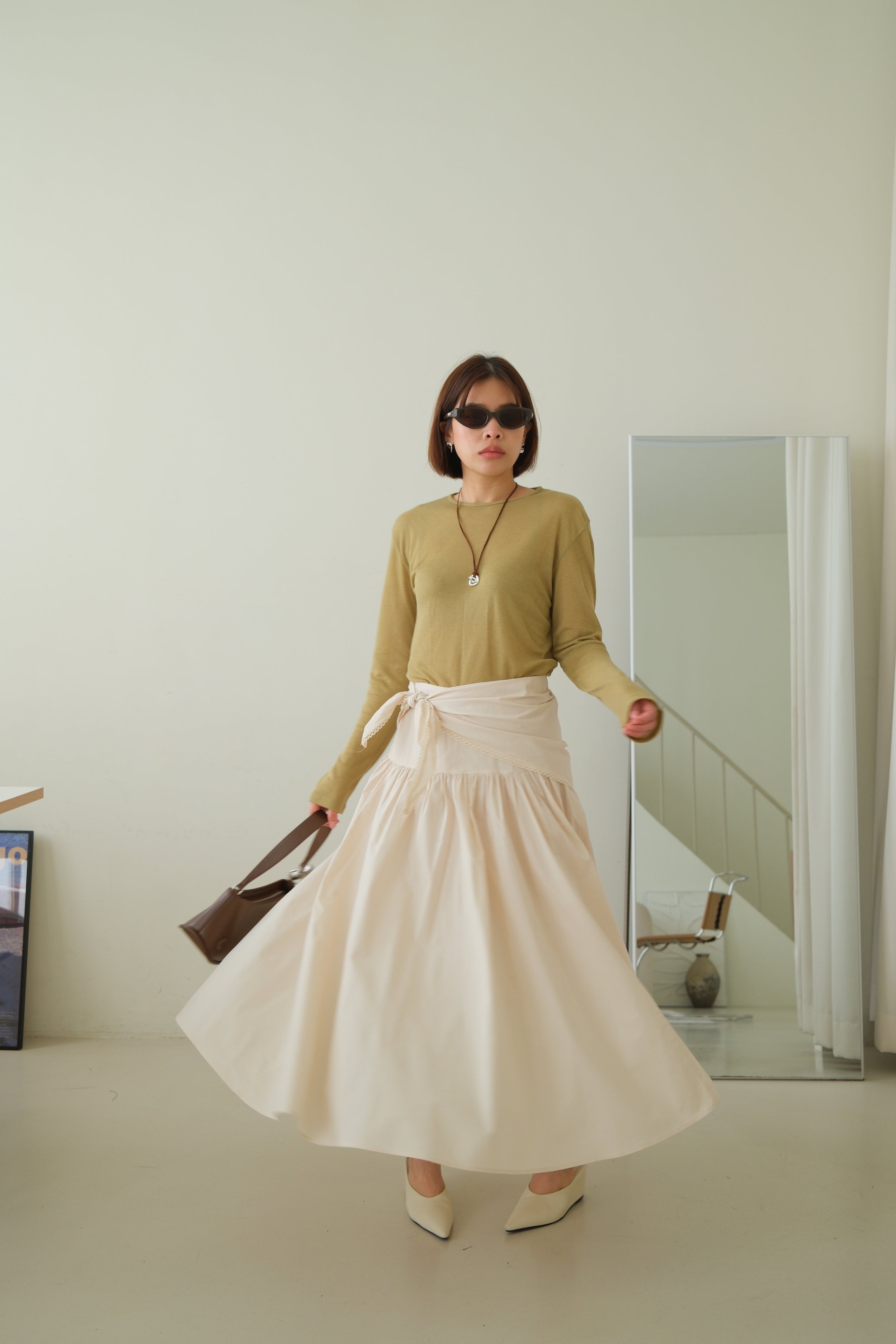 Cotton Maxi Skirt with Lace Tie Waist