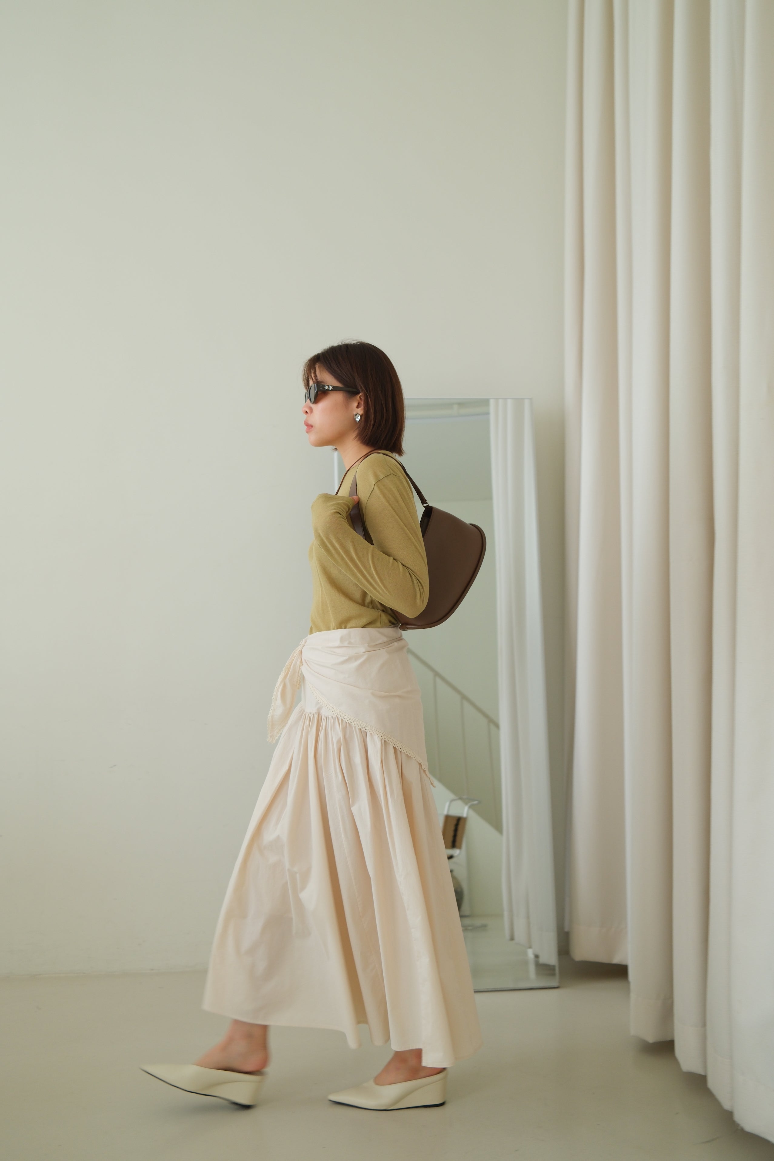 Cotton Maxi Skirt with Lace Tie Waist