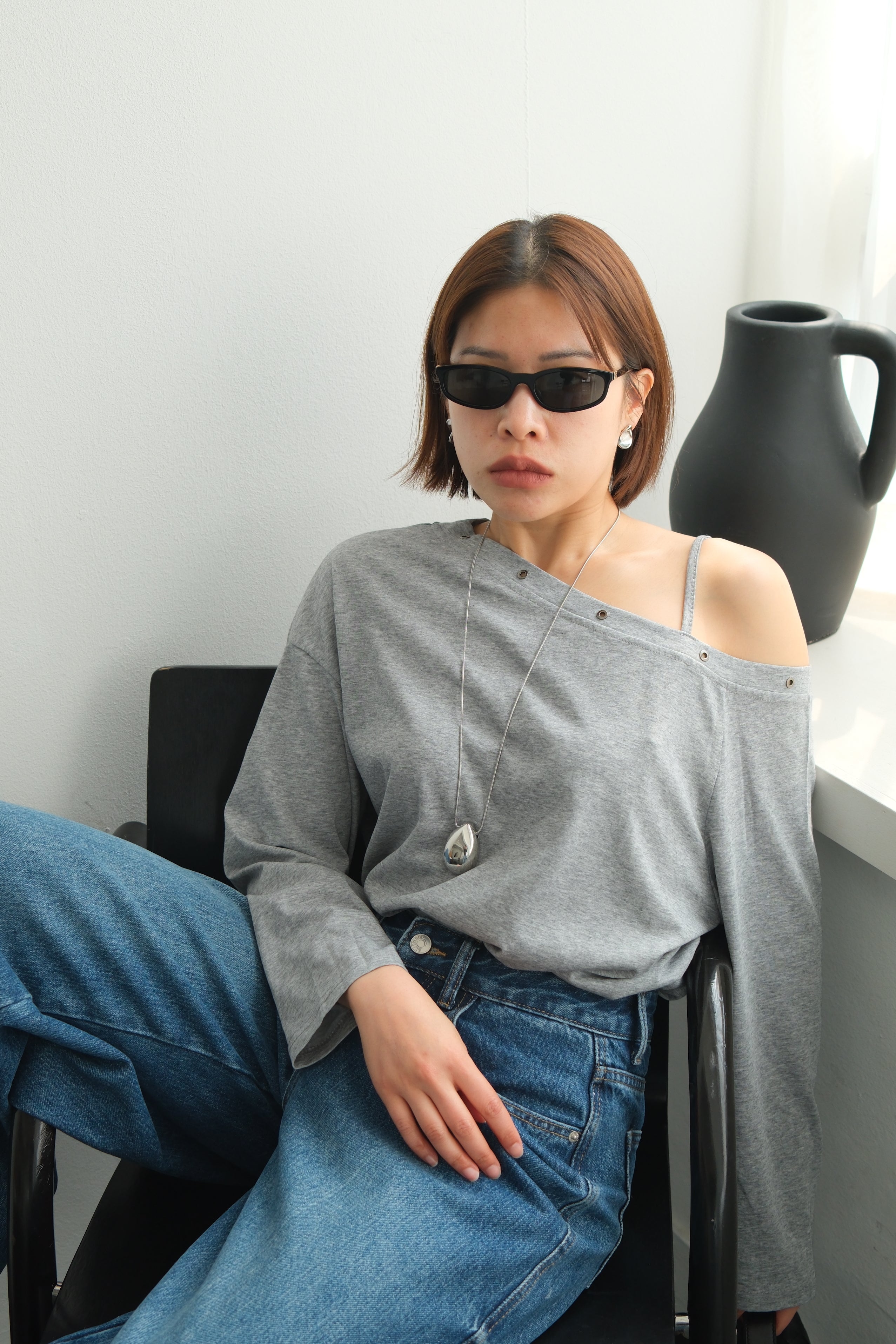 Asymmetric Shoulder Eyelet Top