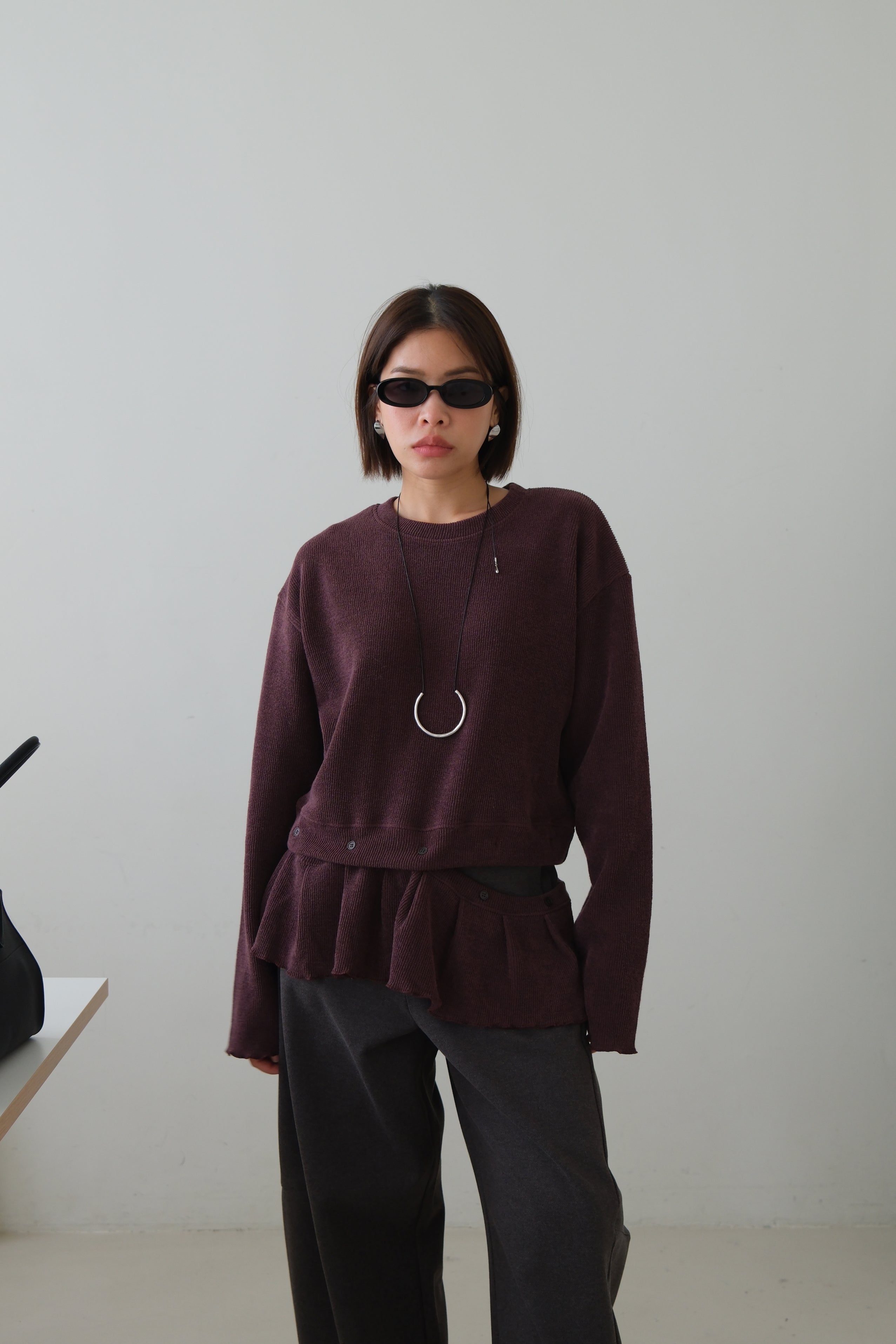 Malty peplum hem knit sweater (Detachable ruffled hem with button)