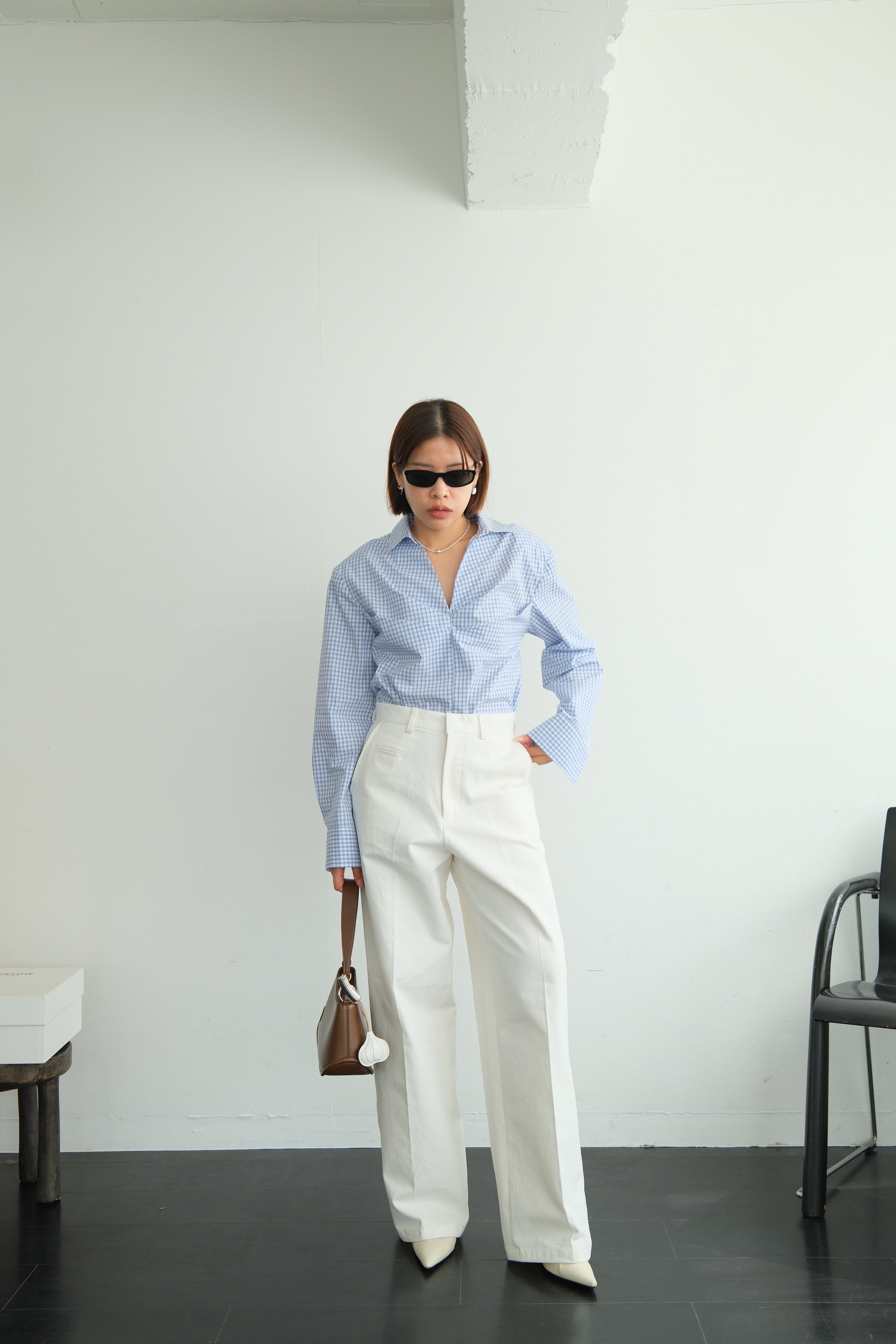 V-Neck Shirt with Pleated Detail & Shoulder Pads