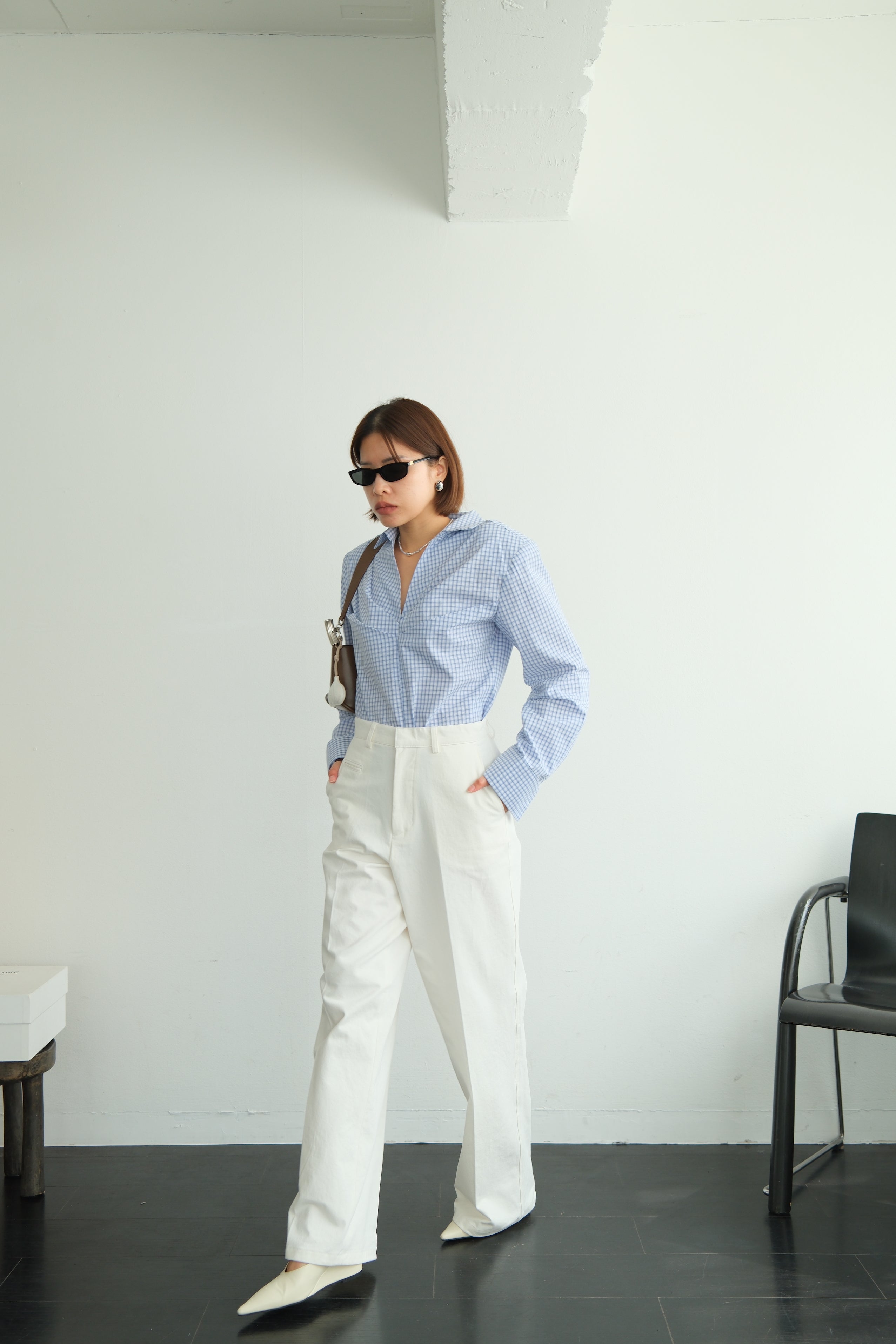 V-Neck Shirt with Pleated Detail & Shoulder Pads