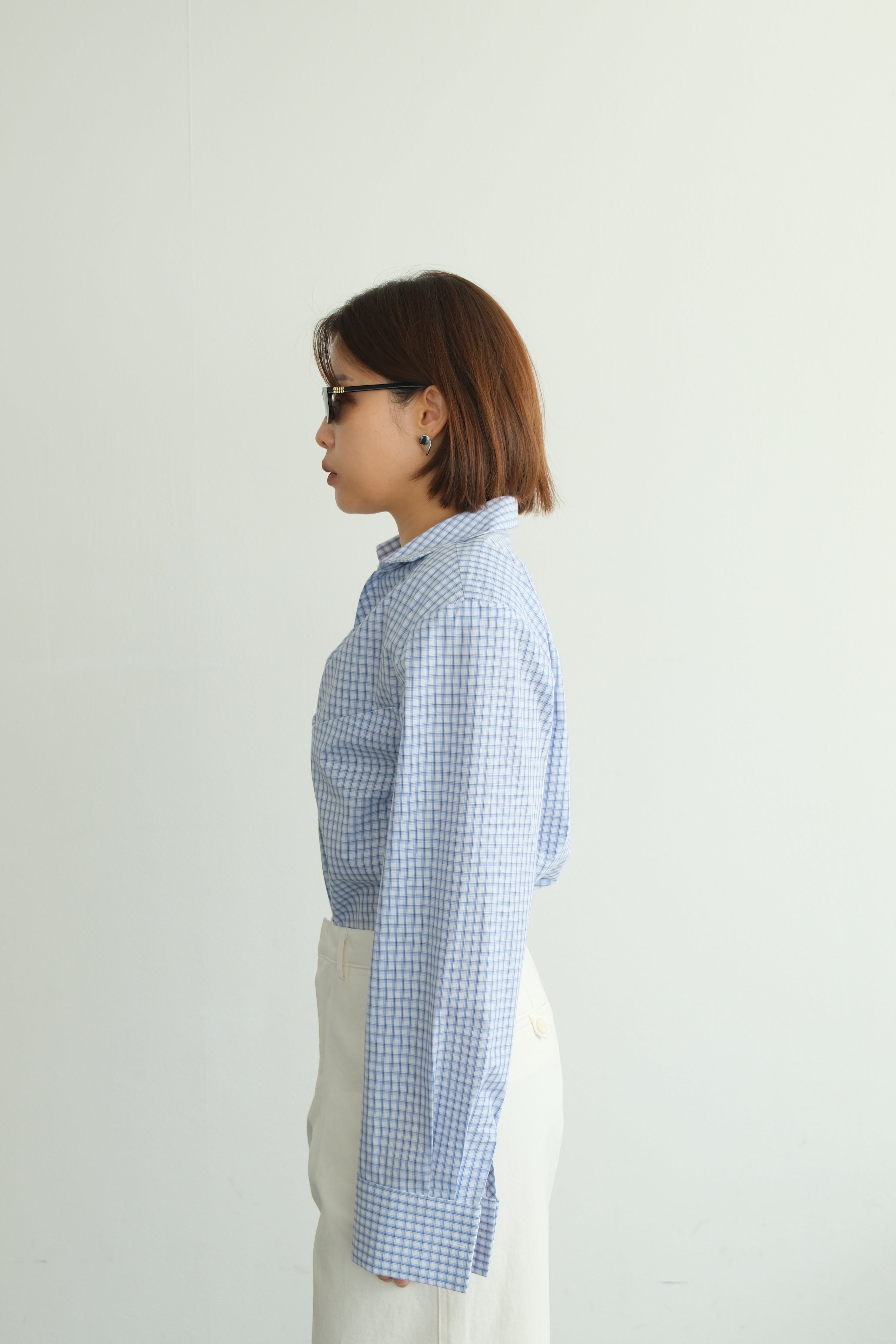 V-Neck Shirt with Pleated Detail & Shoulder Pads