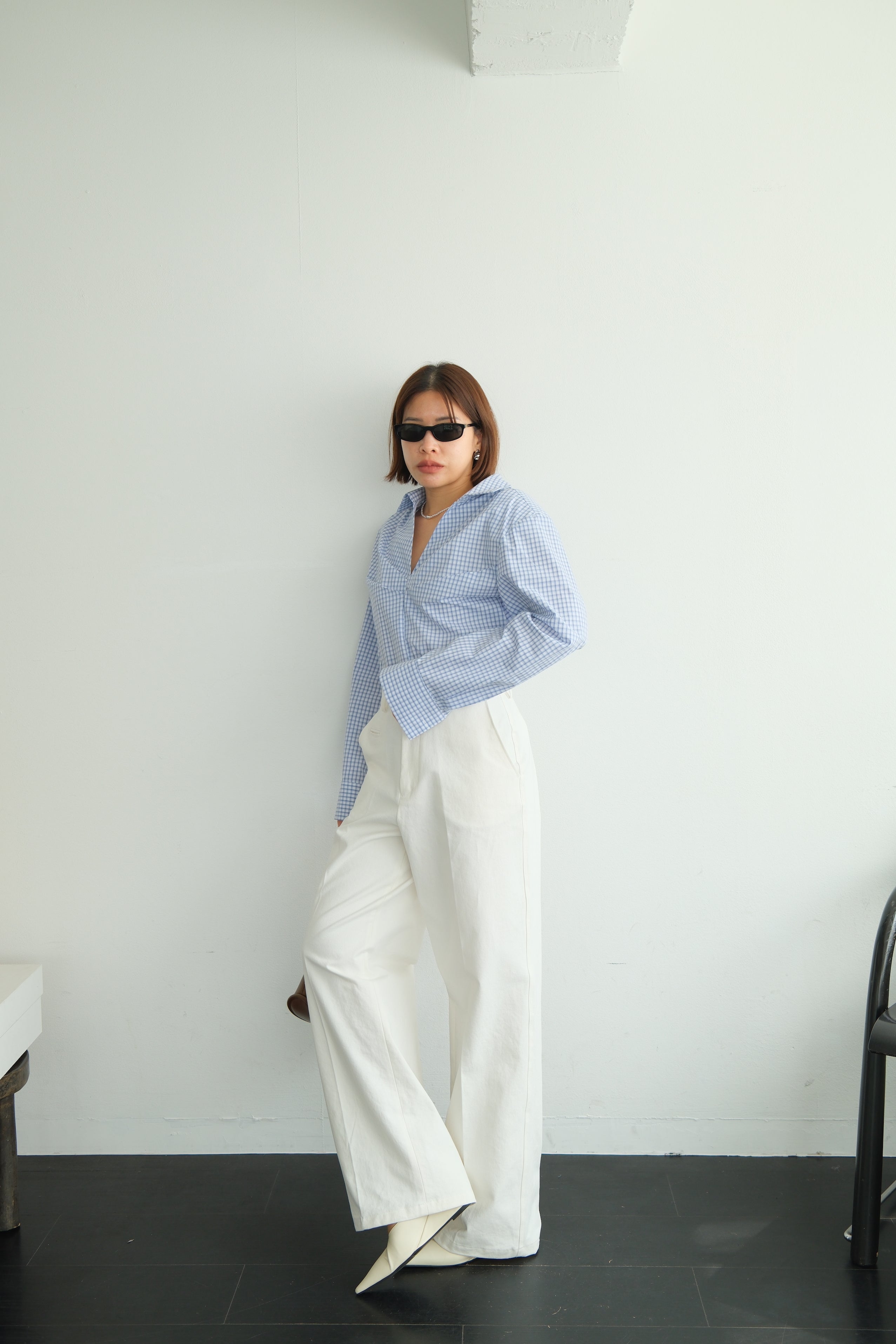 V-Neck Shirt with Pleated Detail & Shoulder Pads