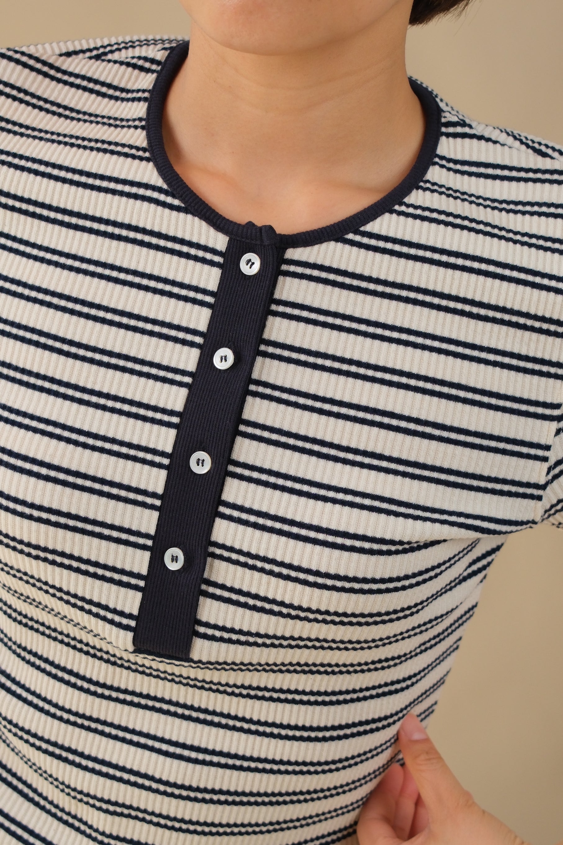 Victor Striped Rib Button Neck Tee
