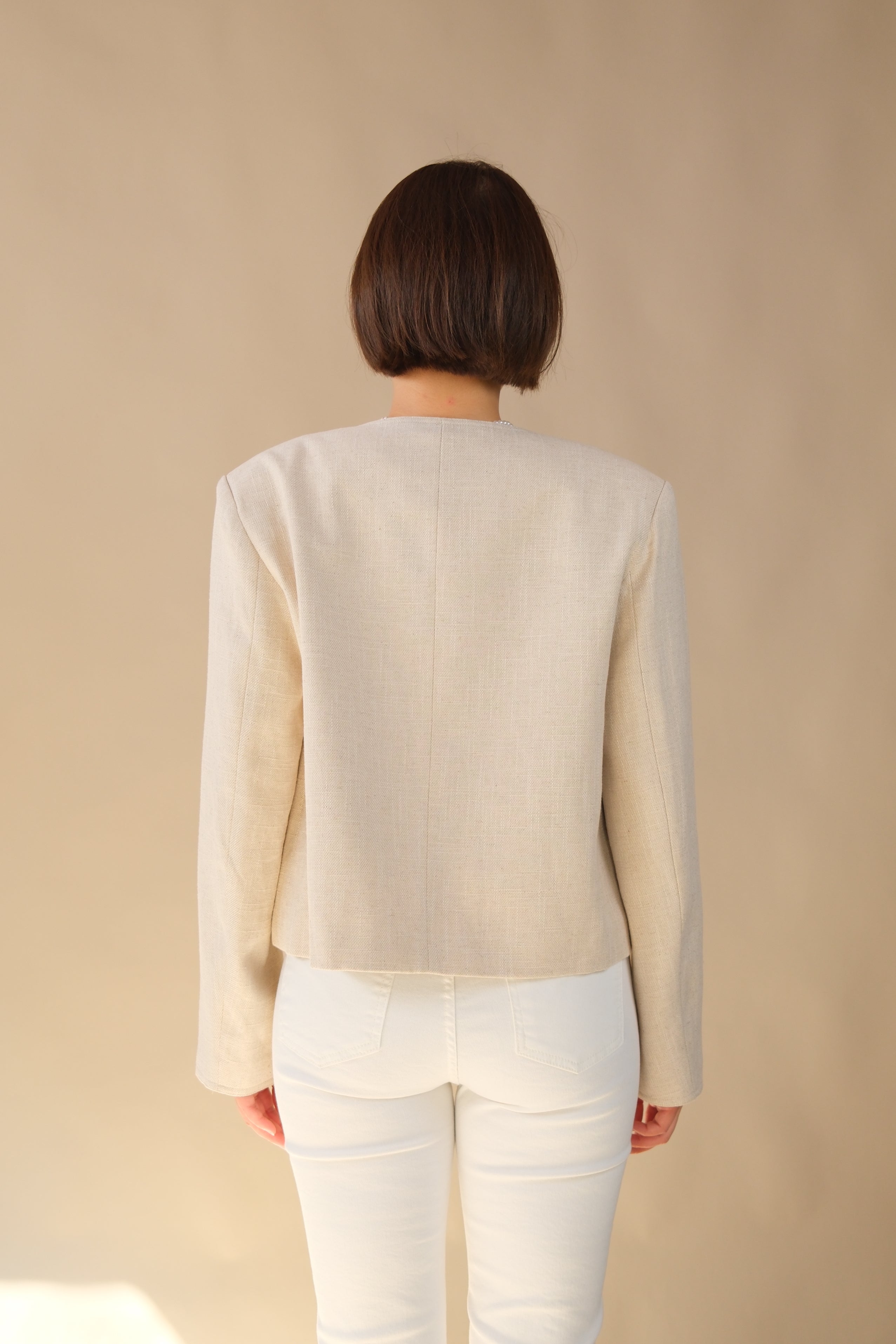 Round Neck Cropped Linen Jacket