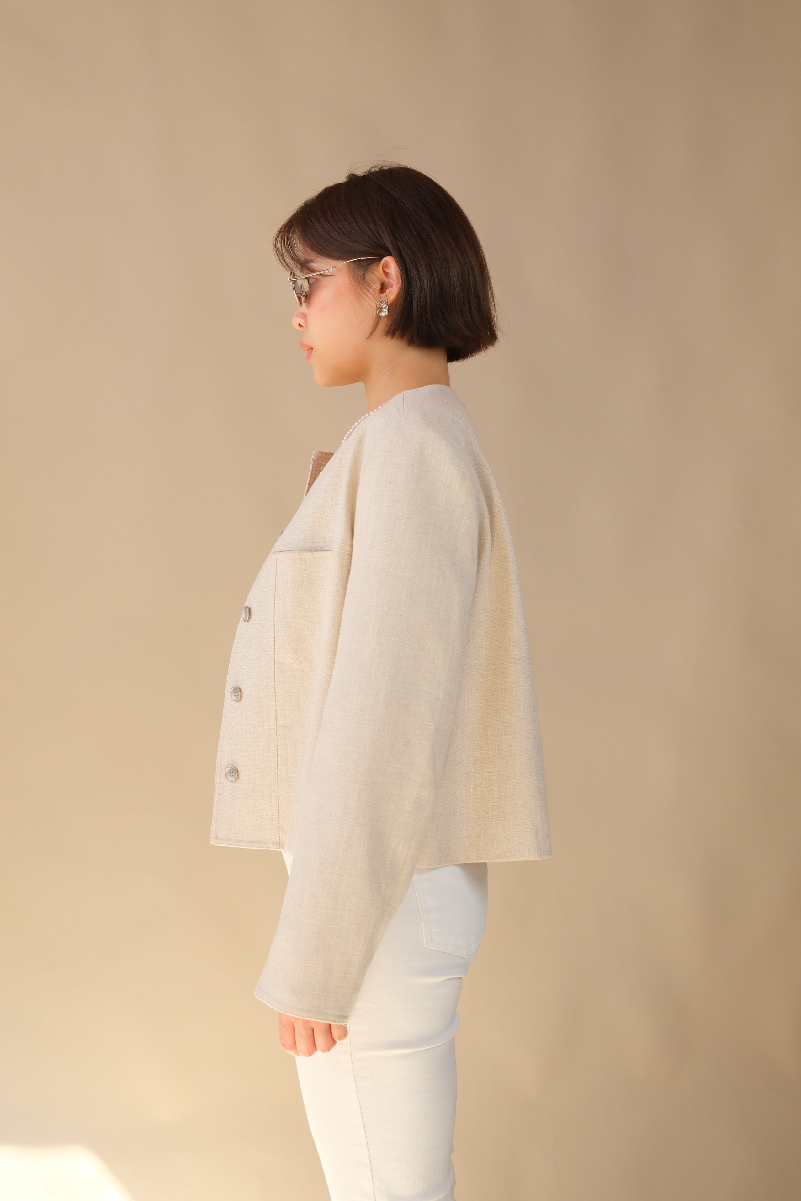 Round Neck Cropped Linen Jacket