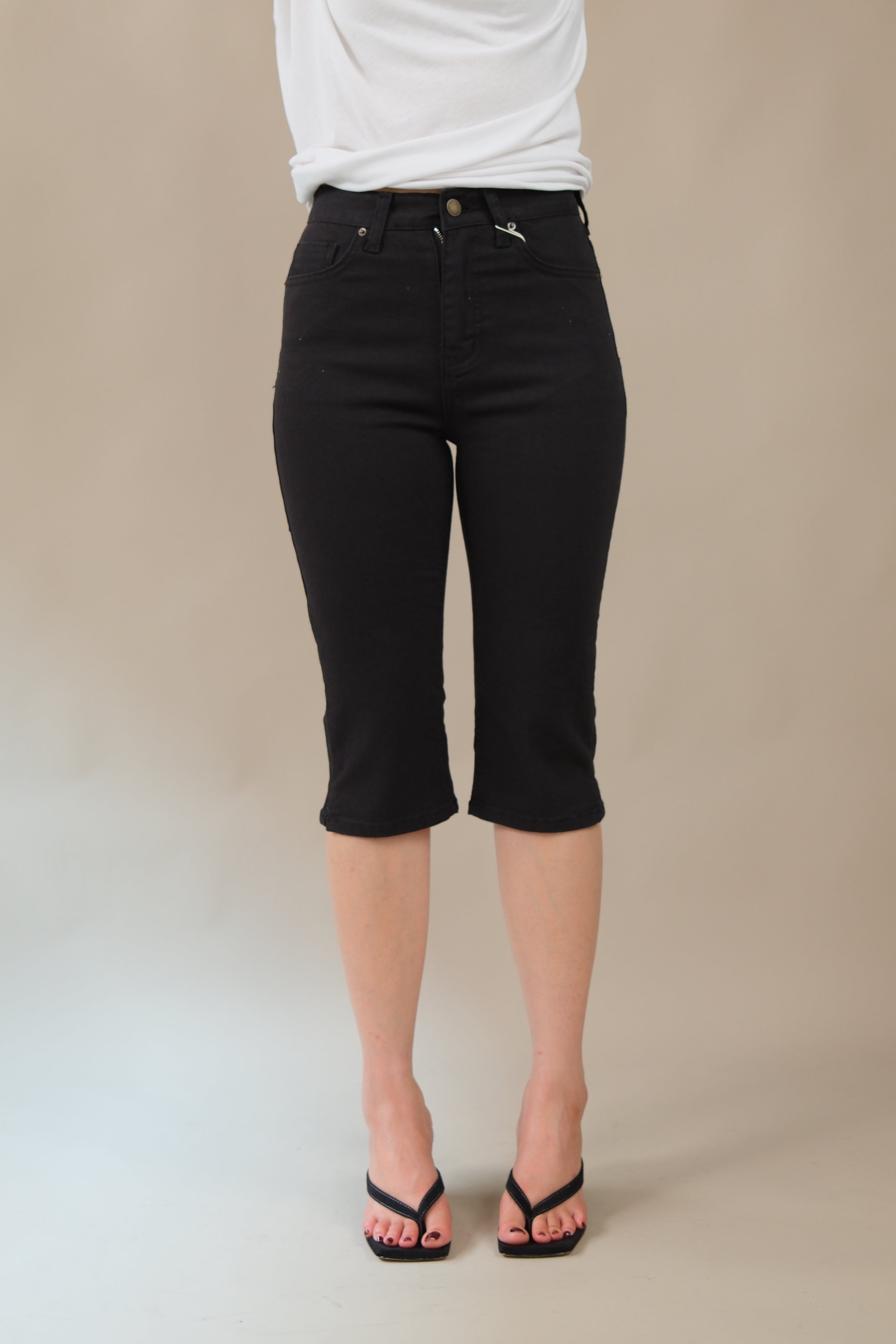 high wiast capri denim shorts
