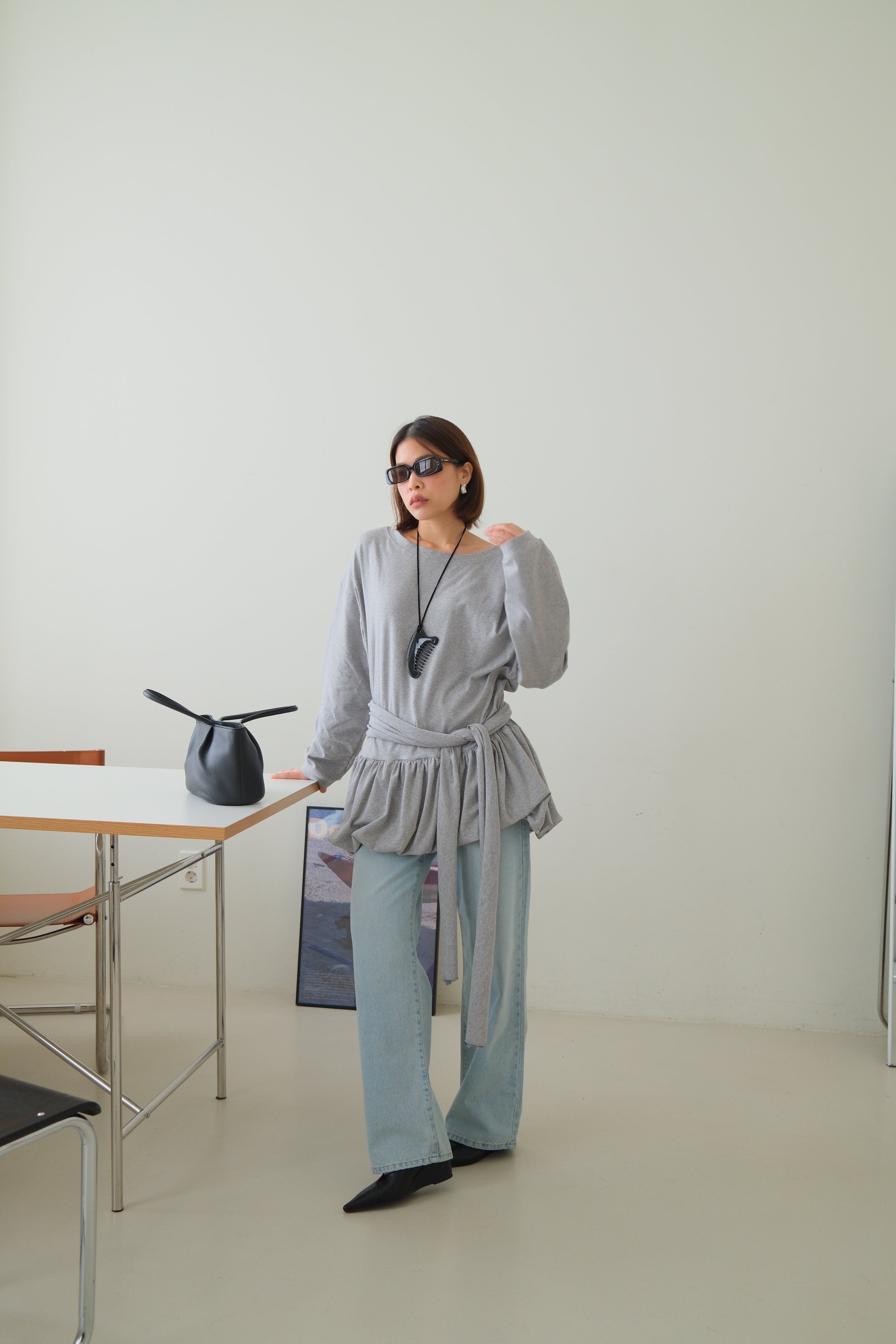 Tie waist bubble long tee