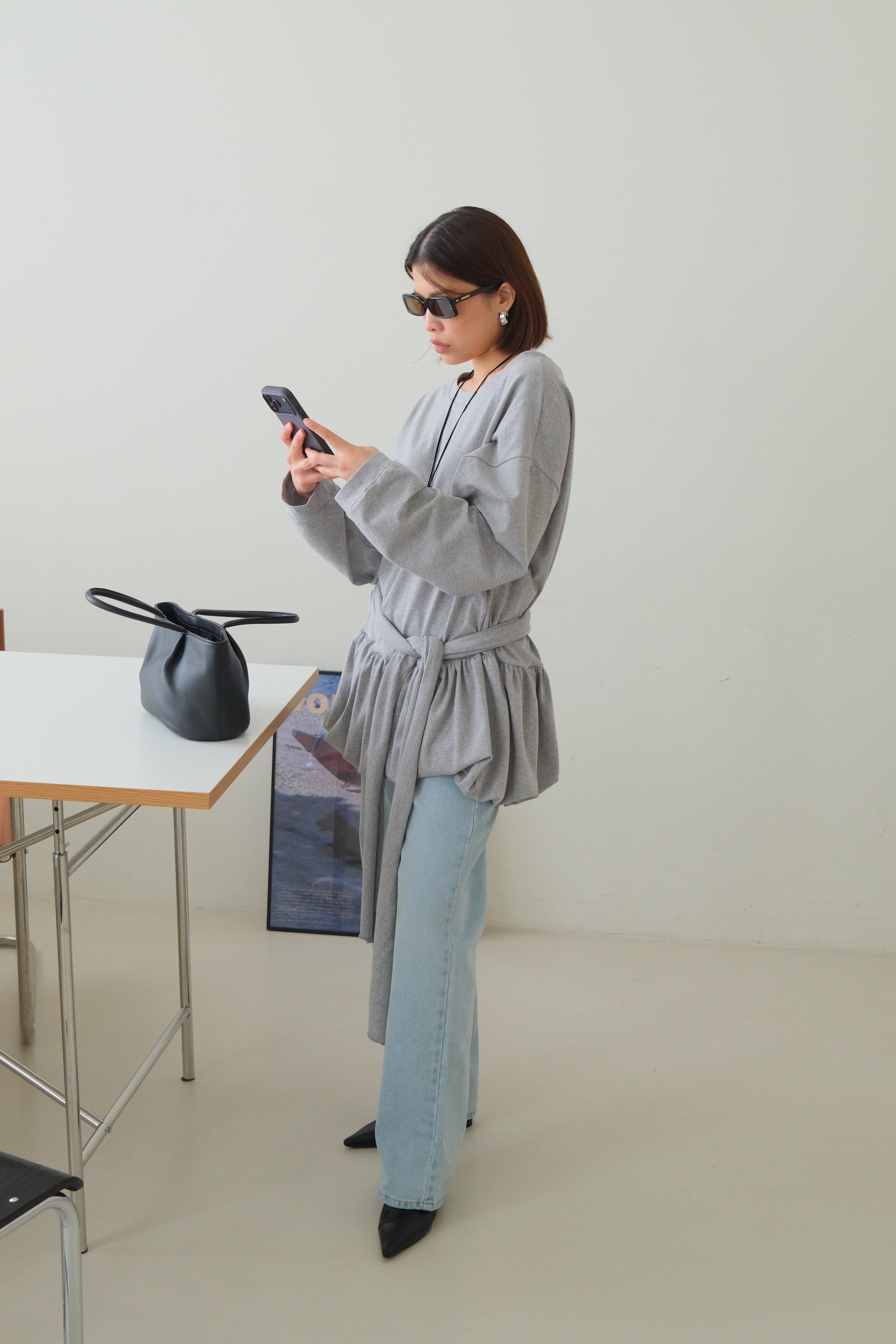Tie waist bubble long tee