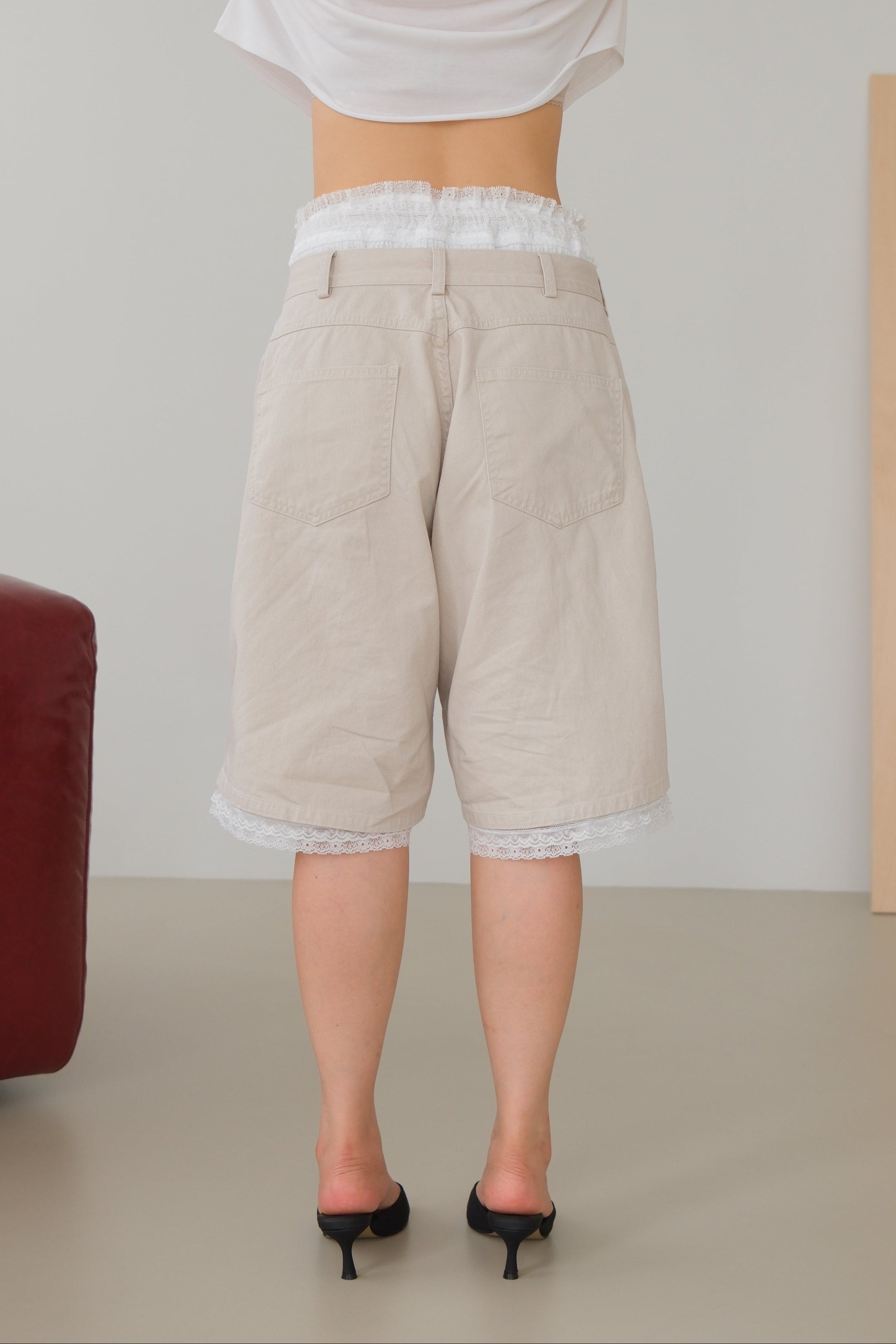Lace-Trim Smocked Denim Jorts