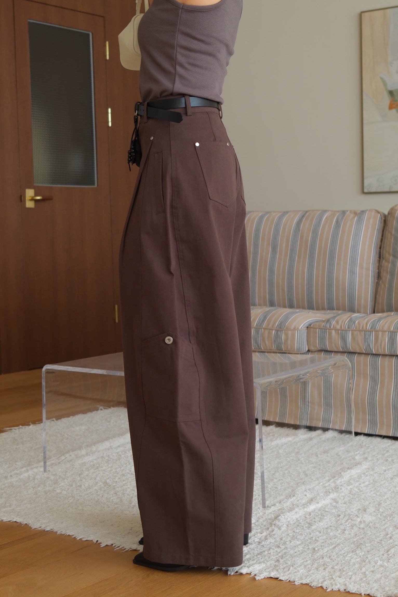 Linda high-rise side pocket curved pants (belt set)