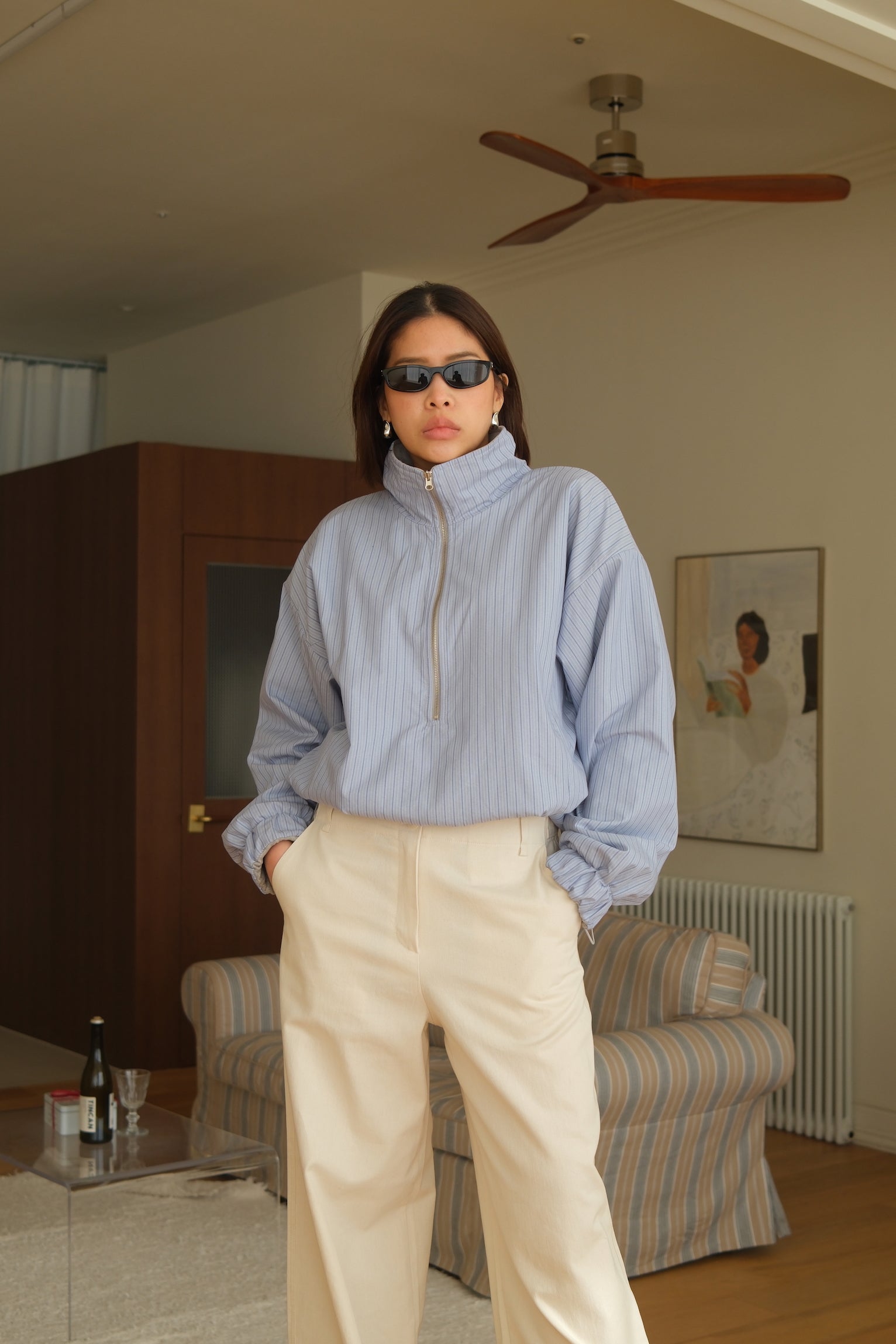 Bome stripe reversible zip-up jumper