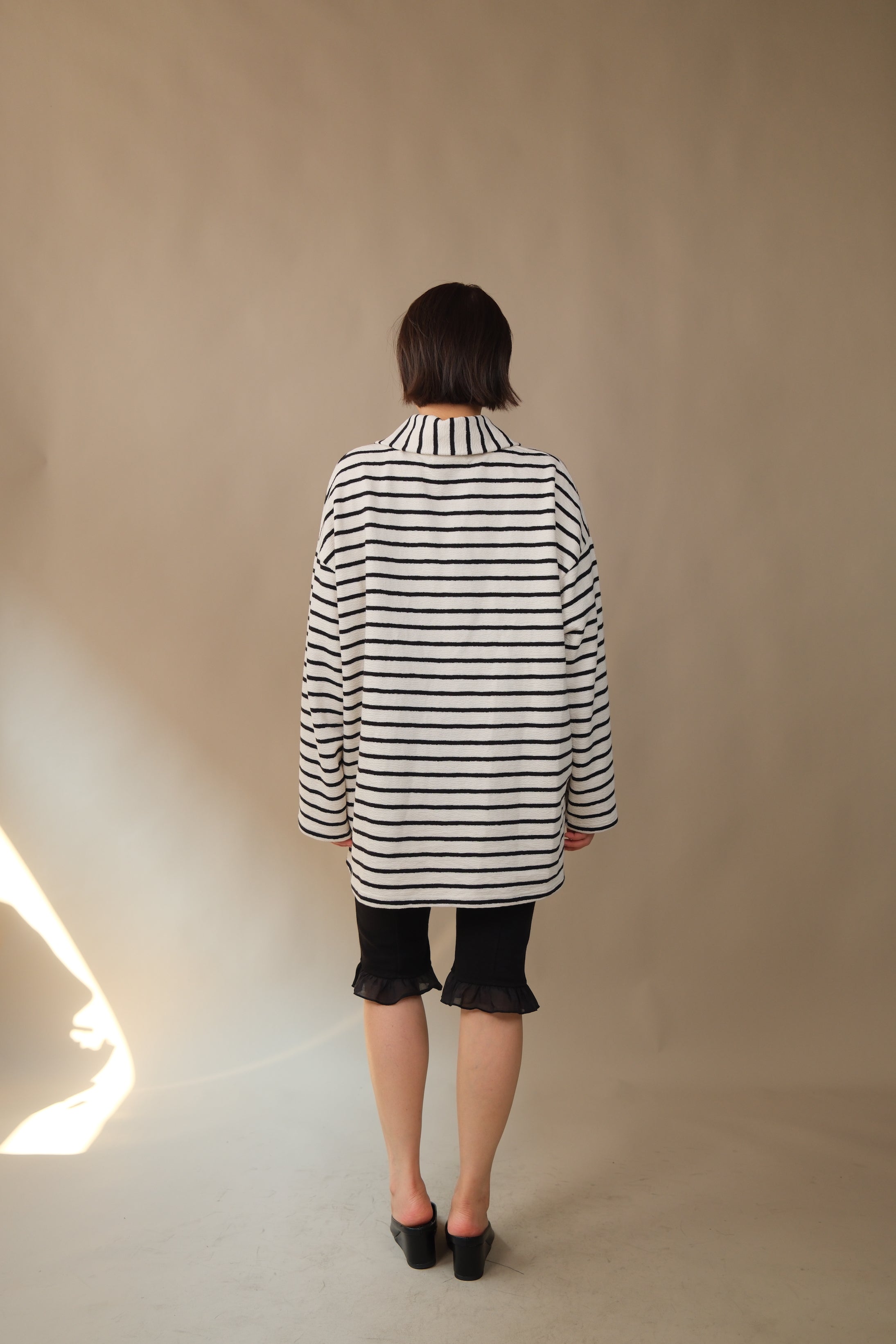 wide collar zip-up striped long-sleeve loose tee