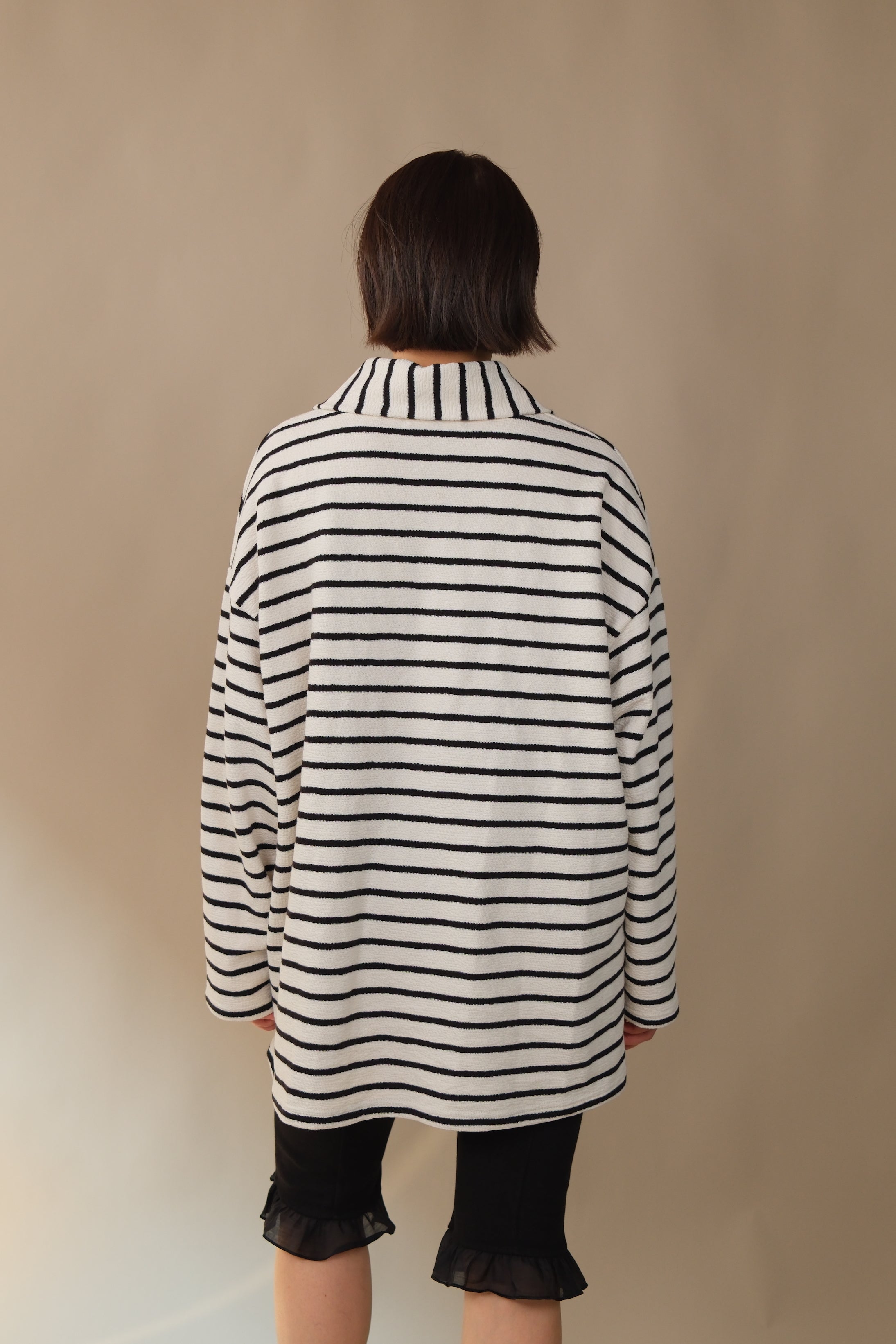 wide collar zip-up striped long-sleeve loose tee