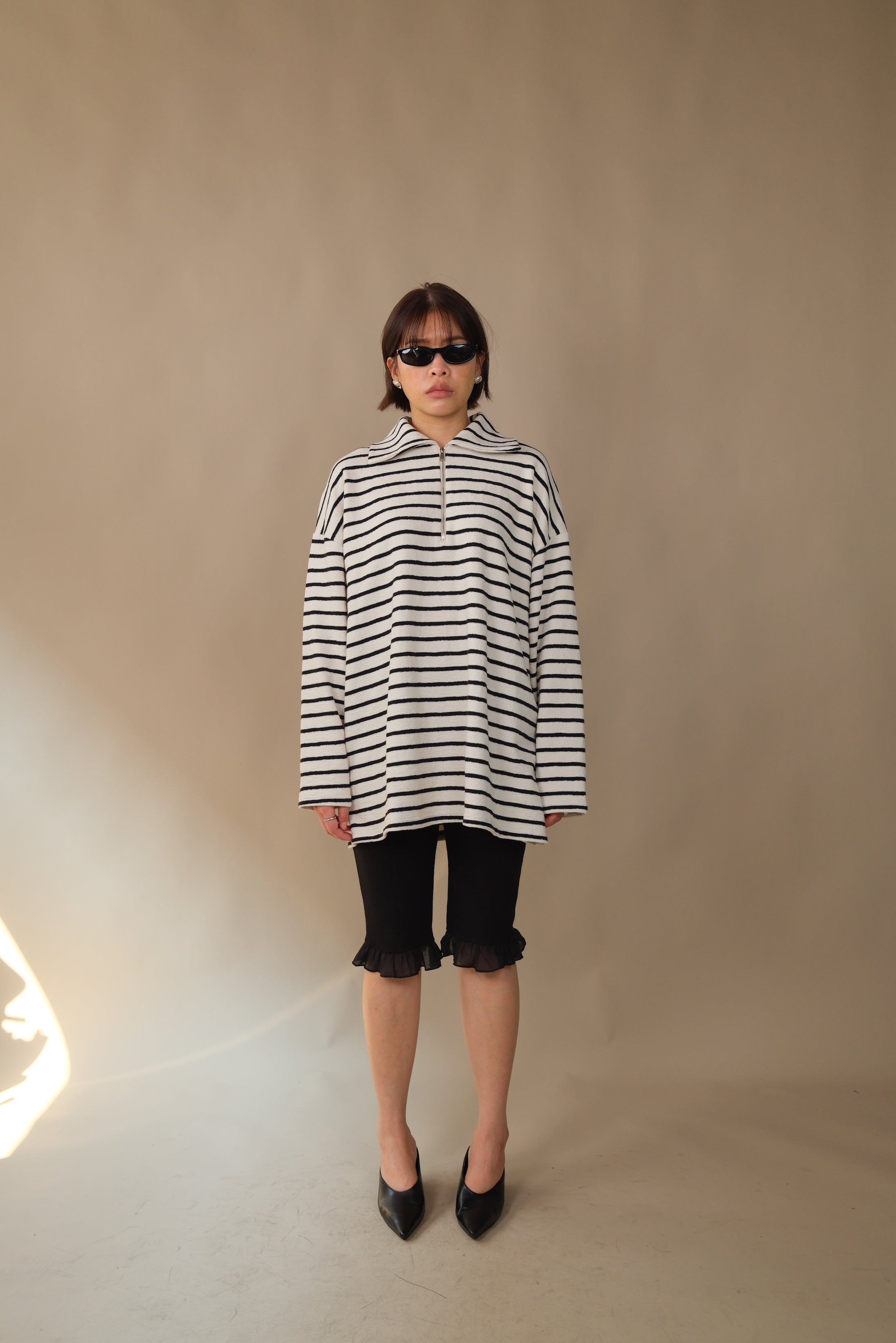 wide collar zip-up striped long-sleeve loose tee