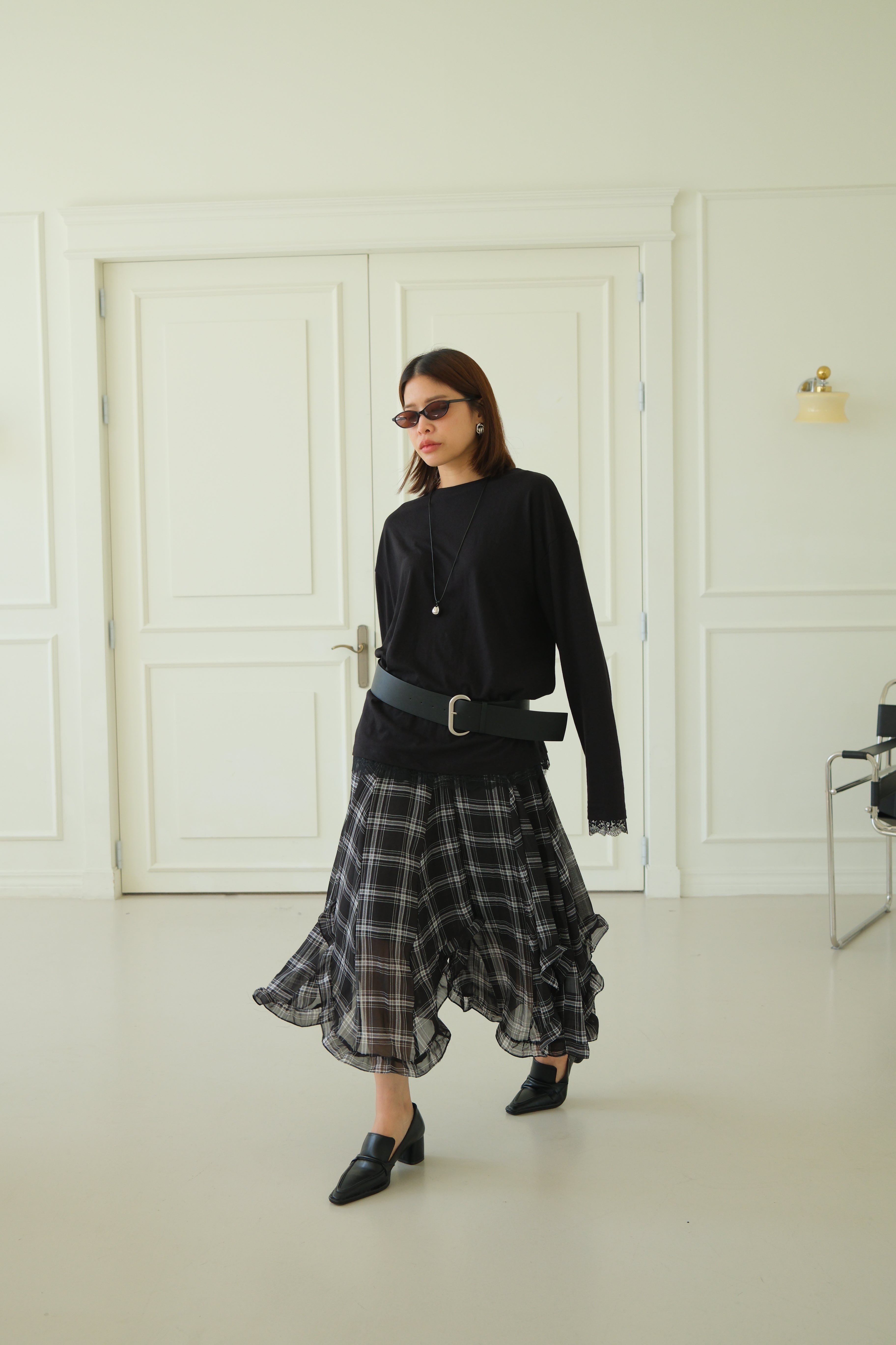 plaid unbalance sheer skirt