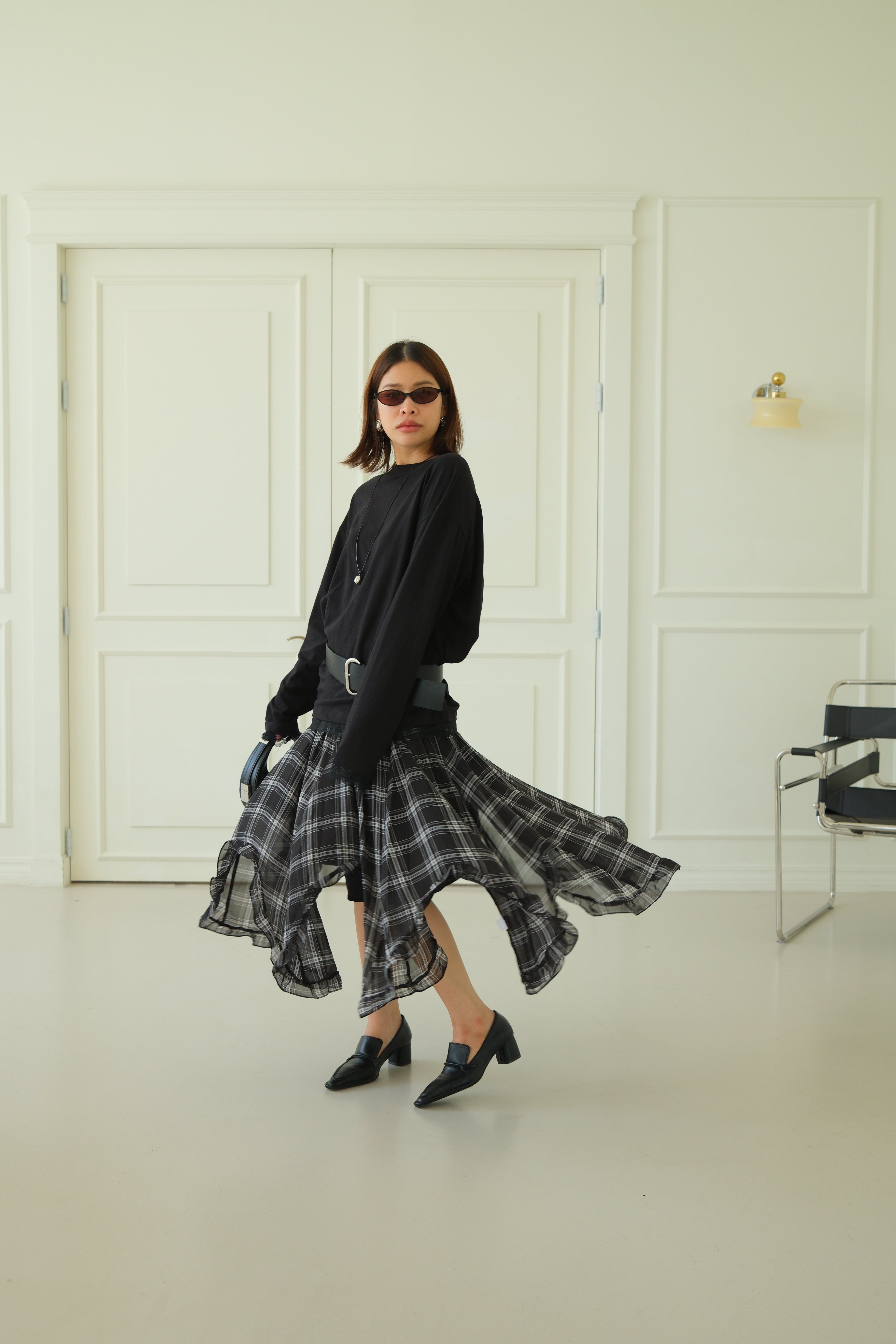 plaid unbalance sheer skirt