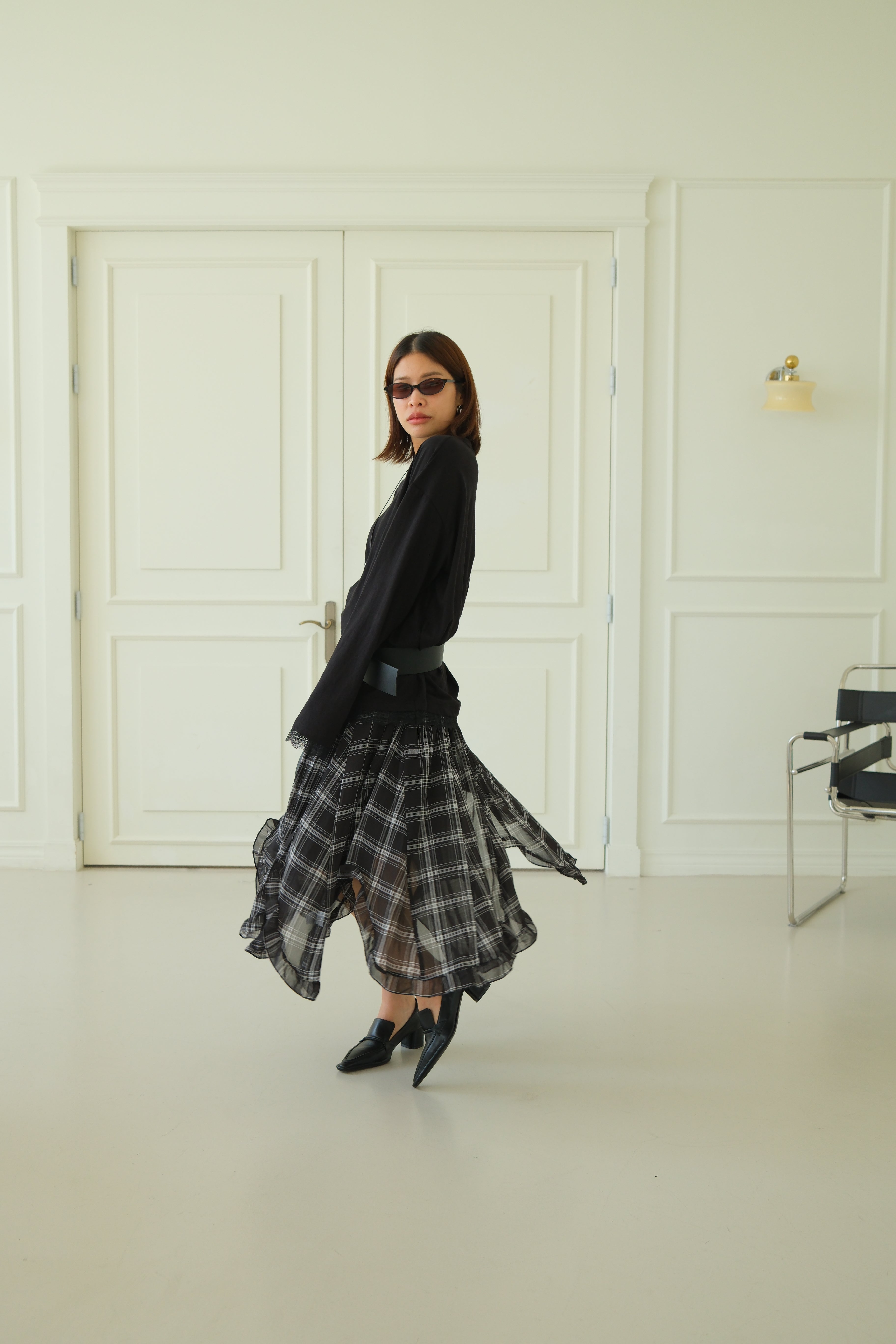 plaid unbalance sheer skirt