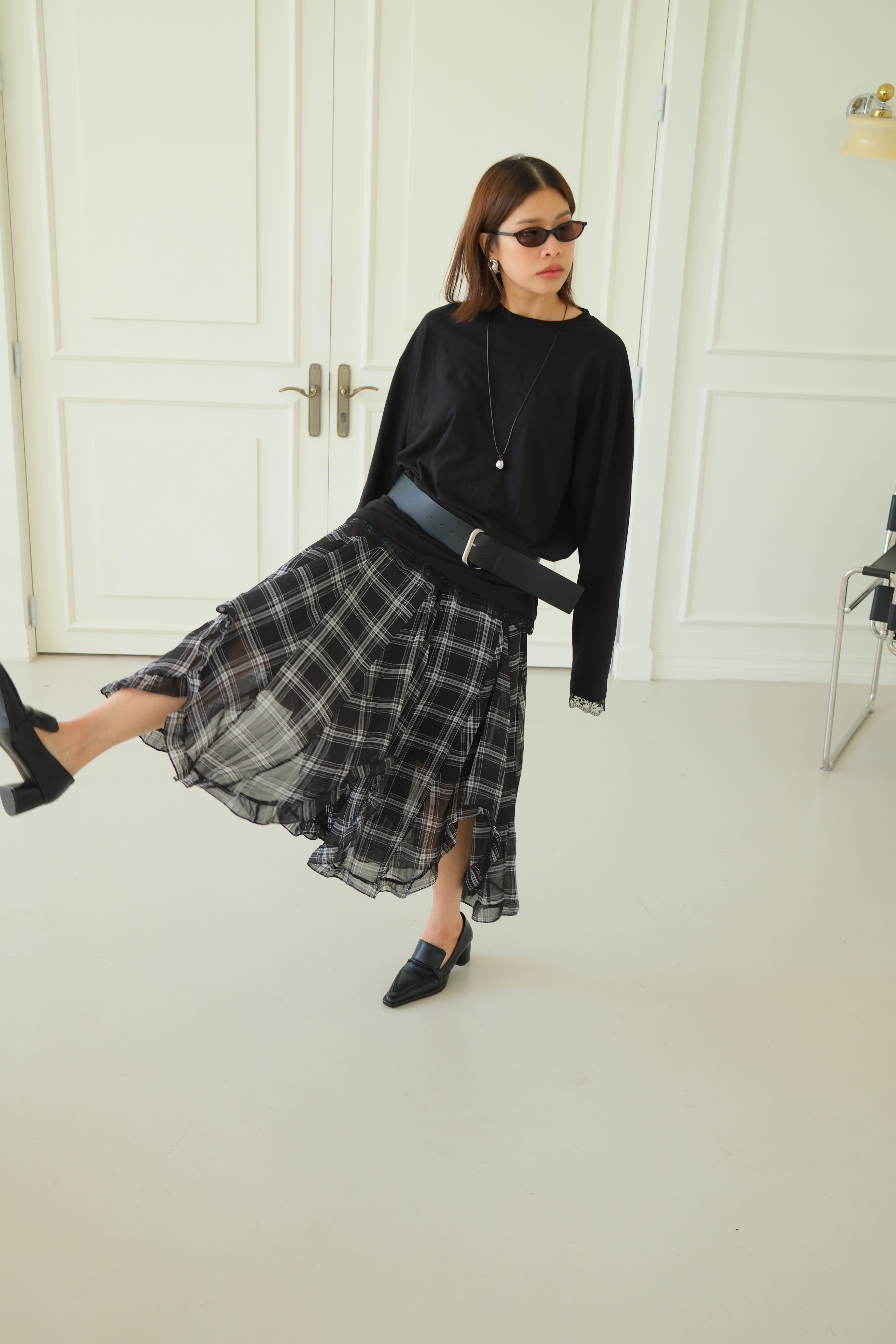 plaid unbalance sheer skirt