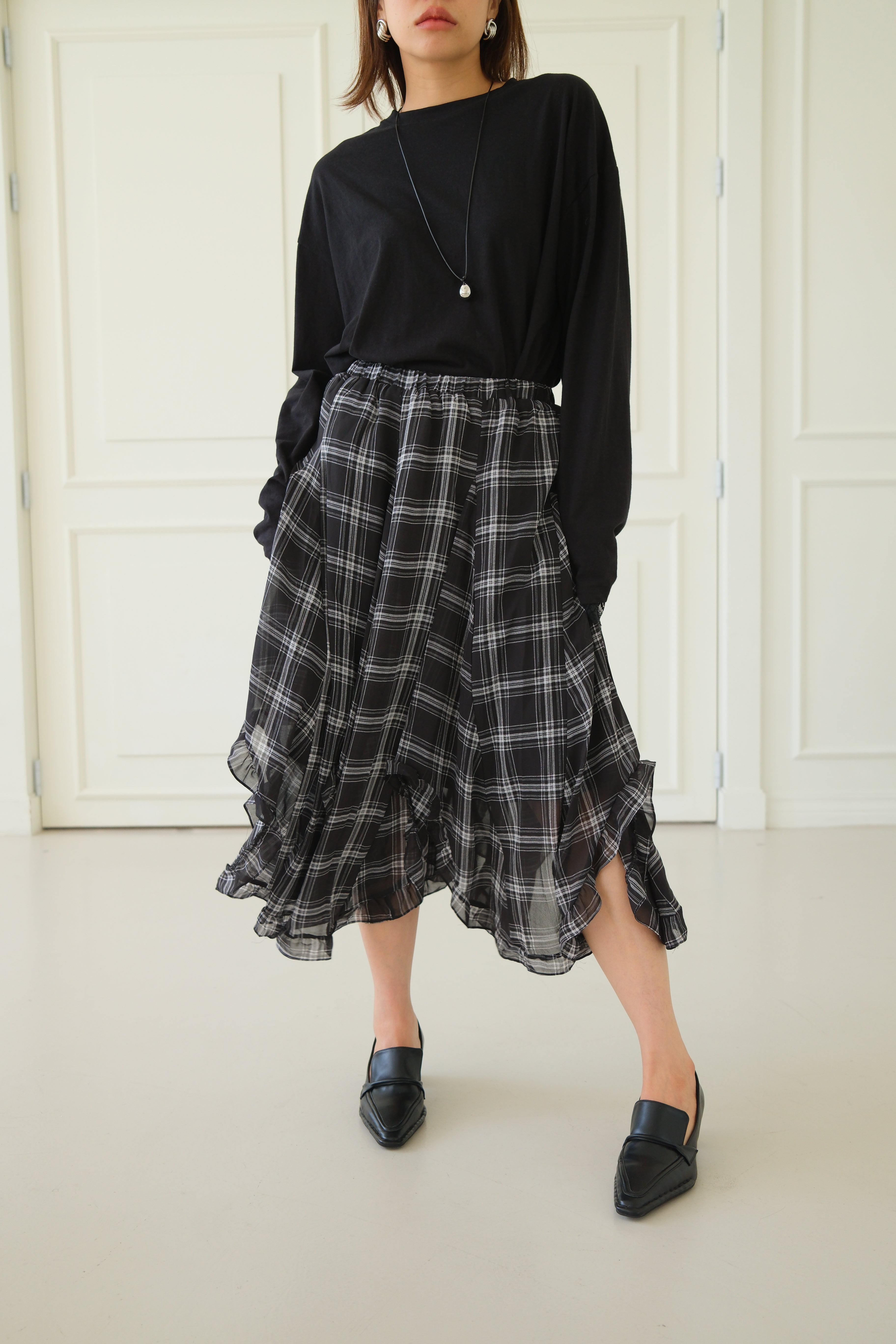 plaid unbalance sheer skirt