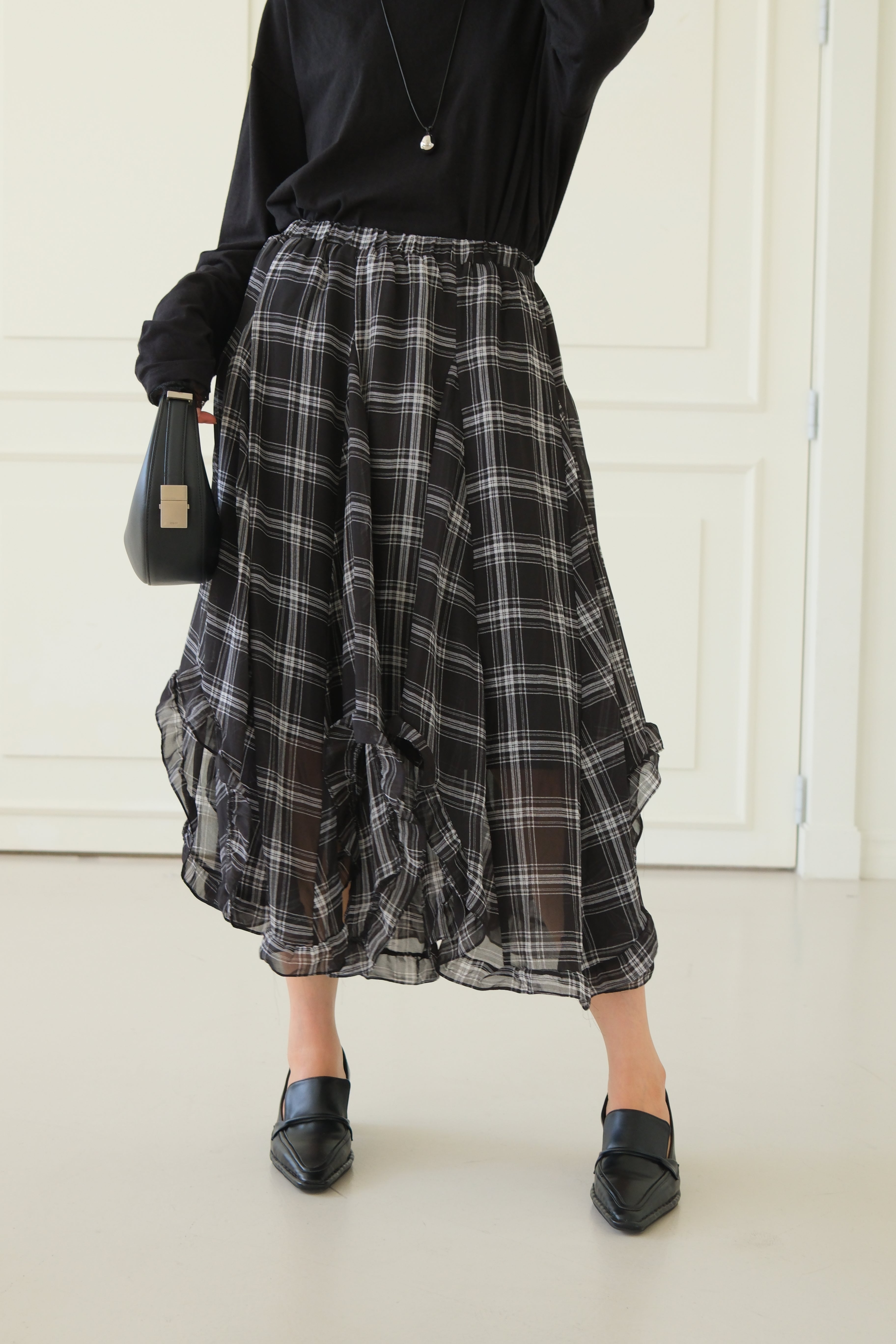 plaid unbalance sheer skirt