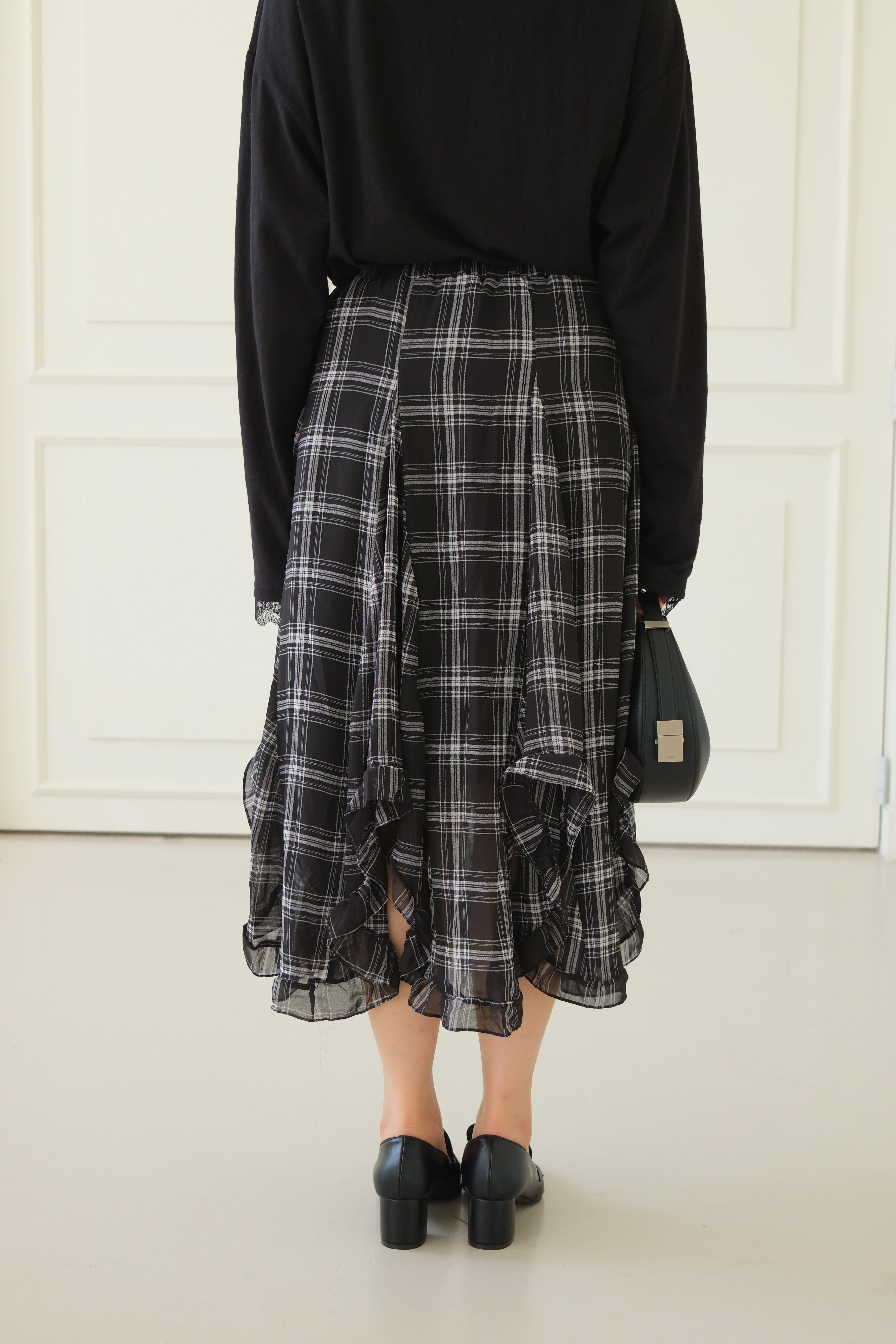 plaid unbalance sheer skirt