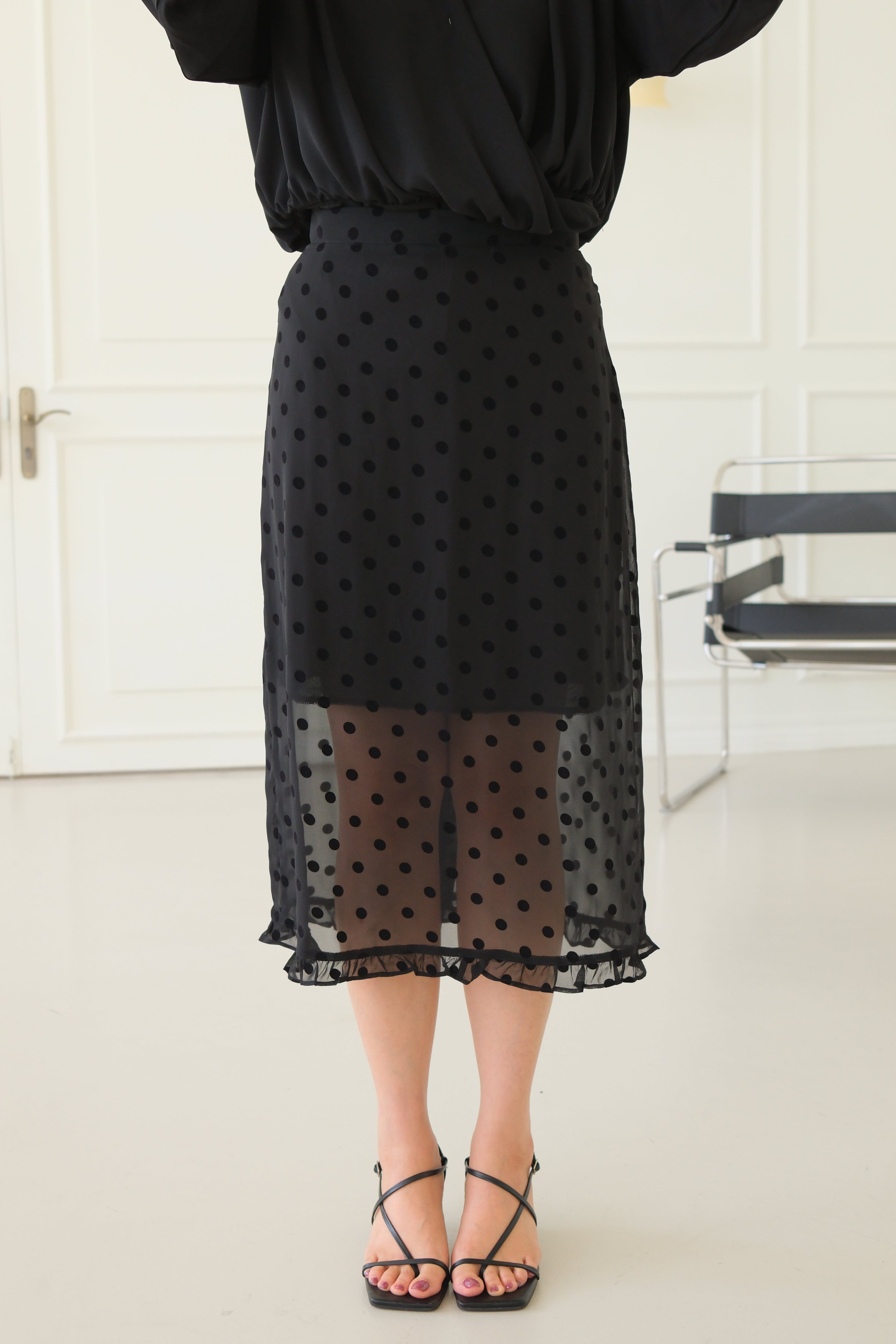velvet polka dots frill edge sheer skirt