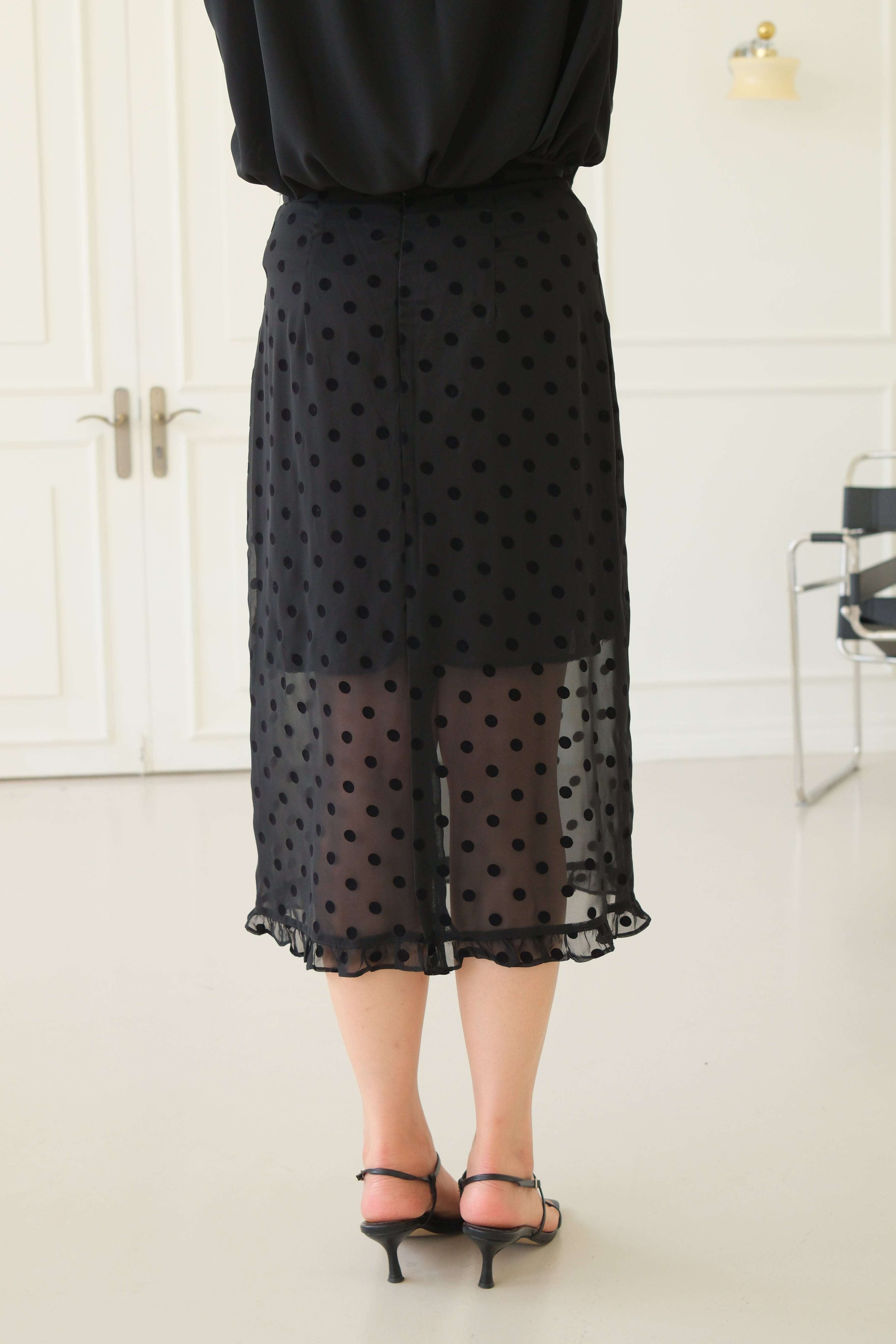 velvet polka dots frill edge sheer skirt