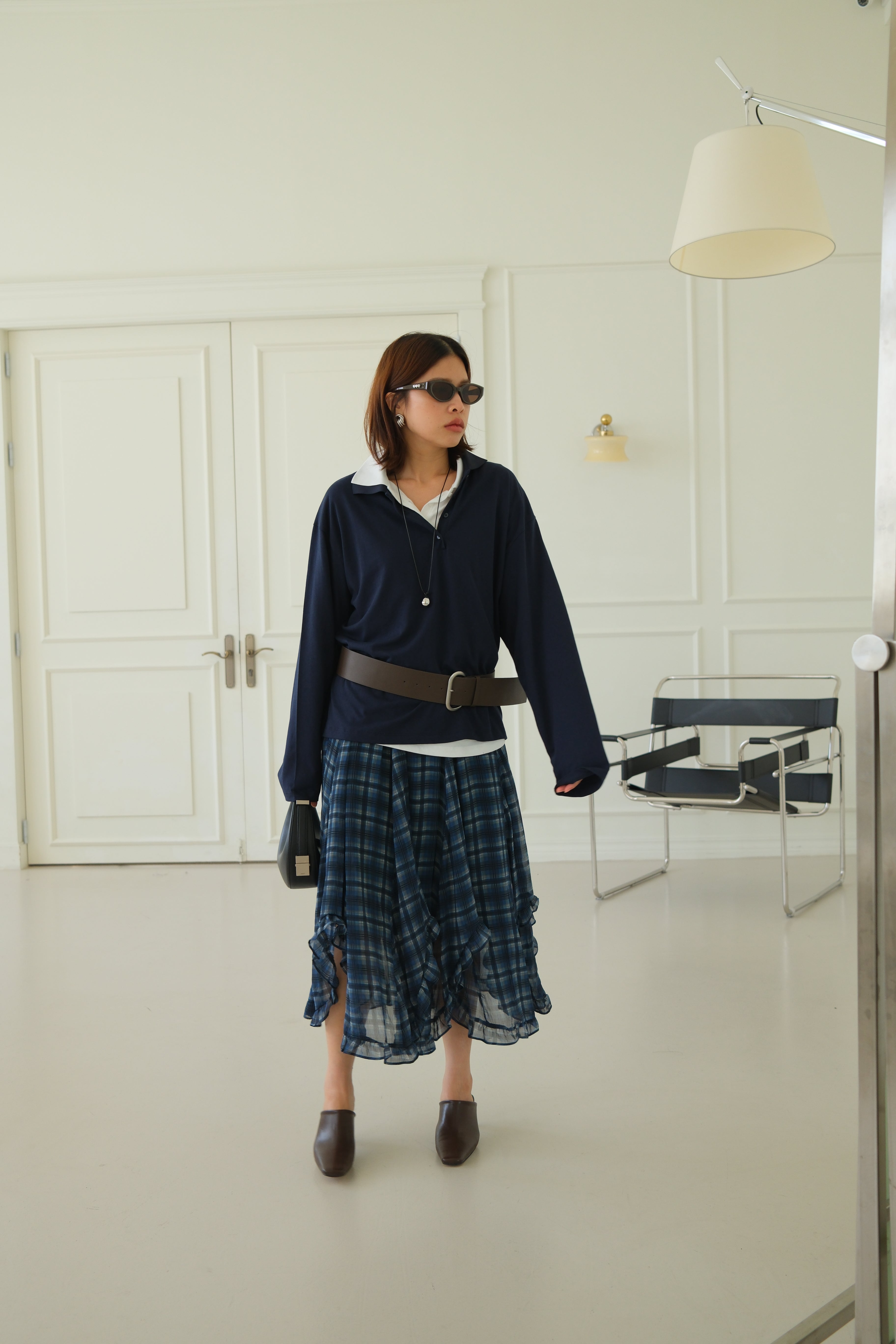 plaid unbalance sheer skirt