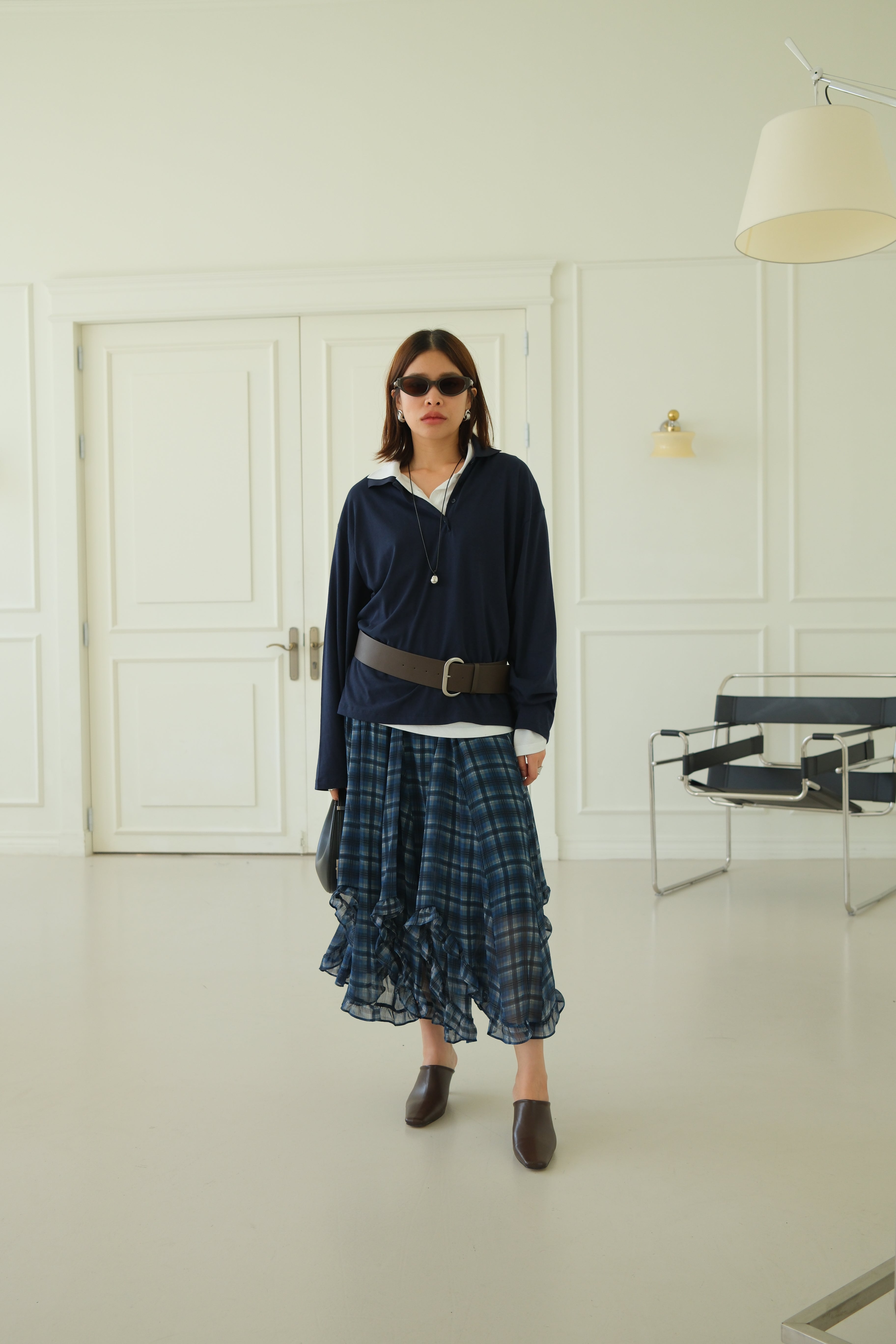 plaid unbalance sheer skirt