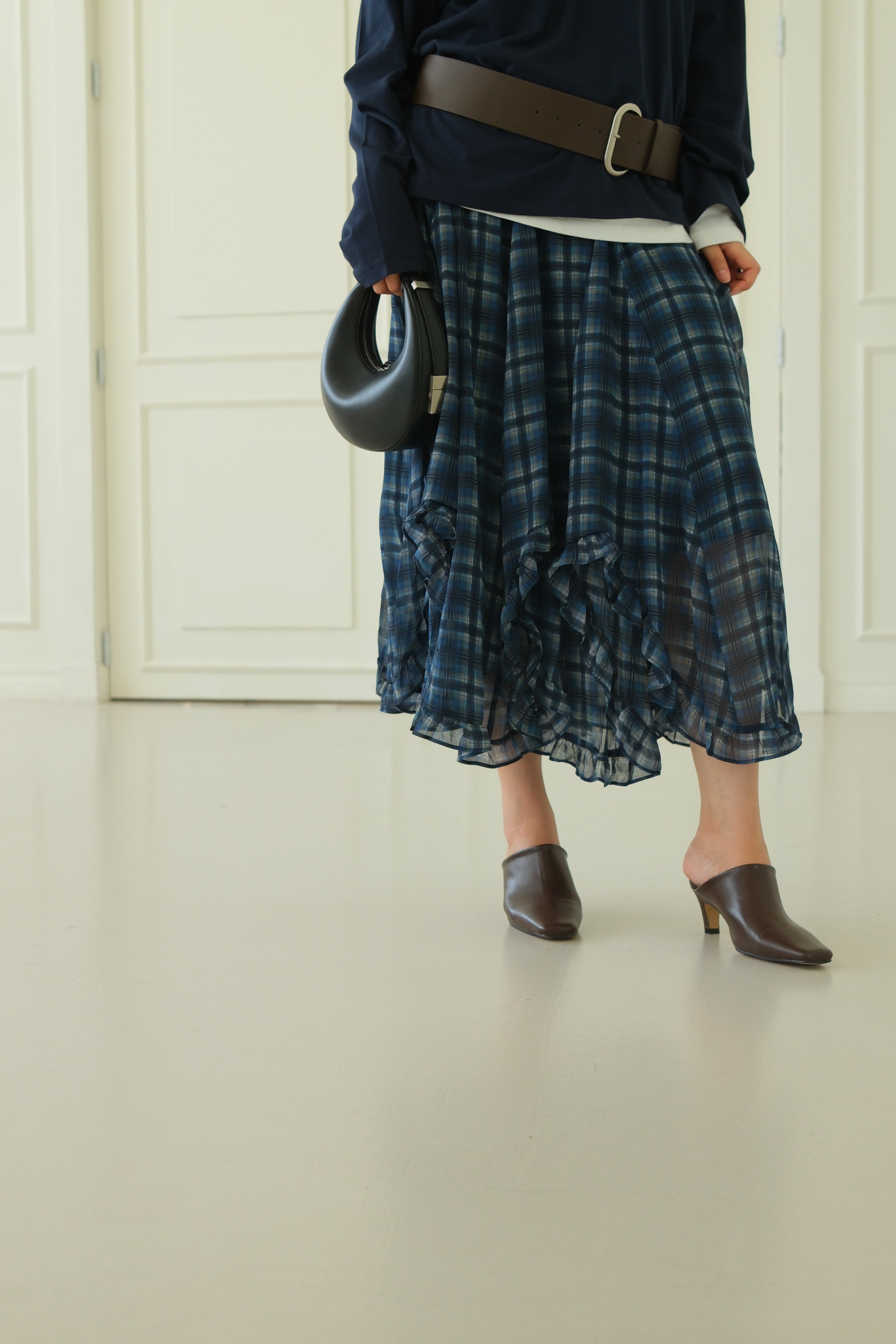 plaid unbalance sheer skirt