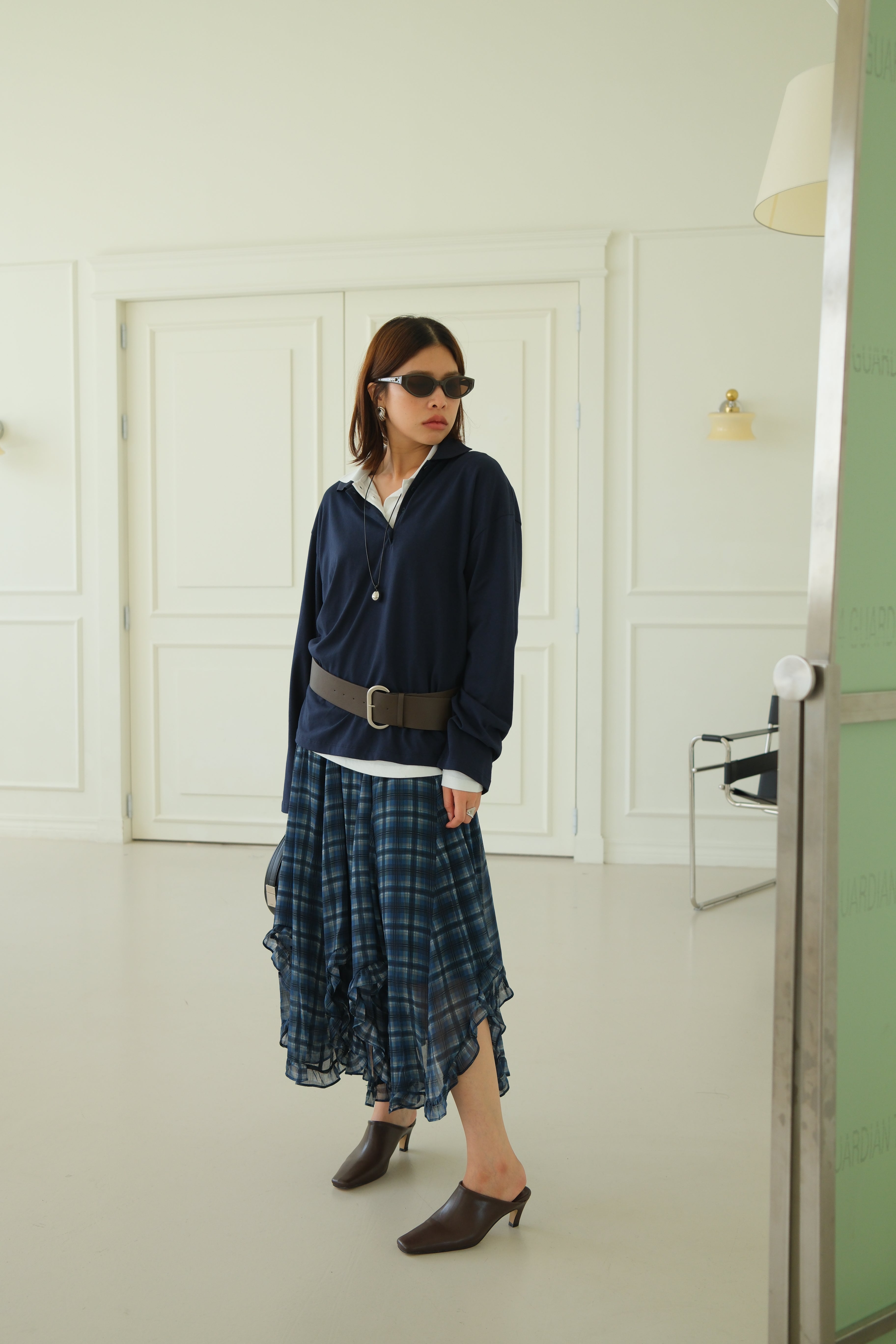 plaid unbalance sheer skirt