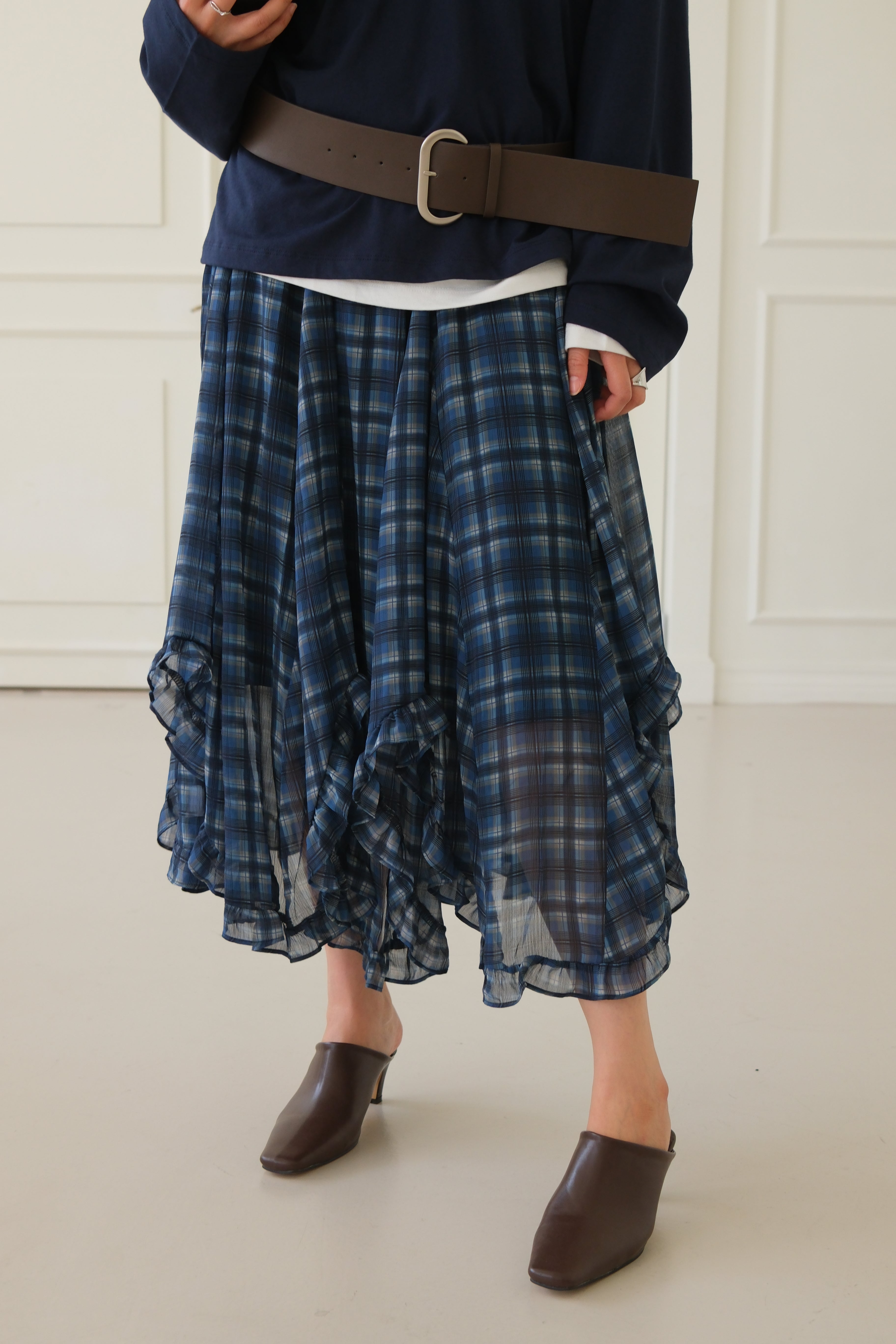 plaid unbalance sheer skirt