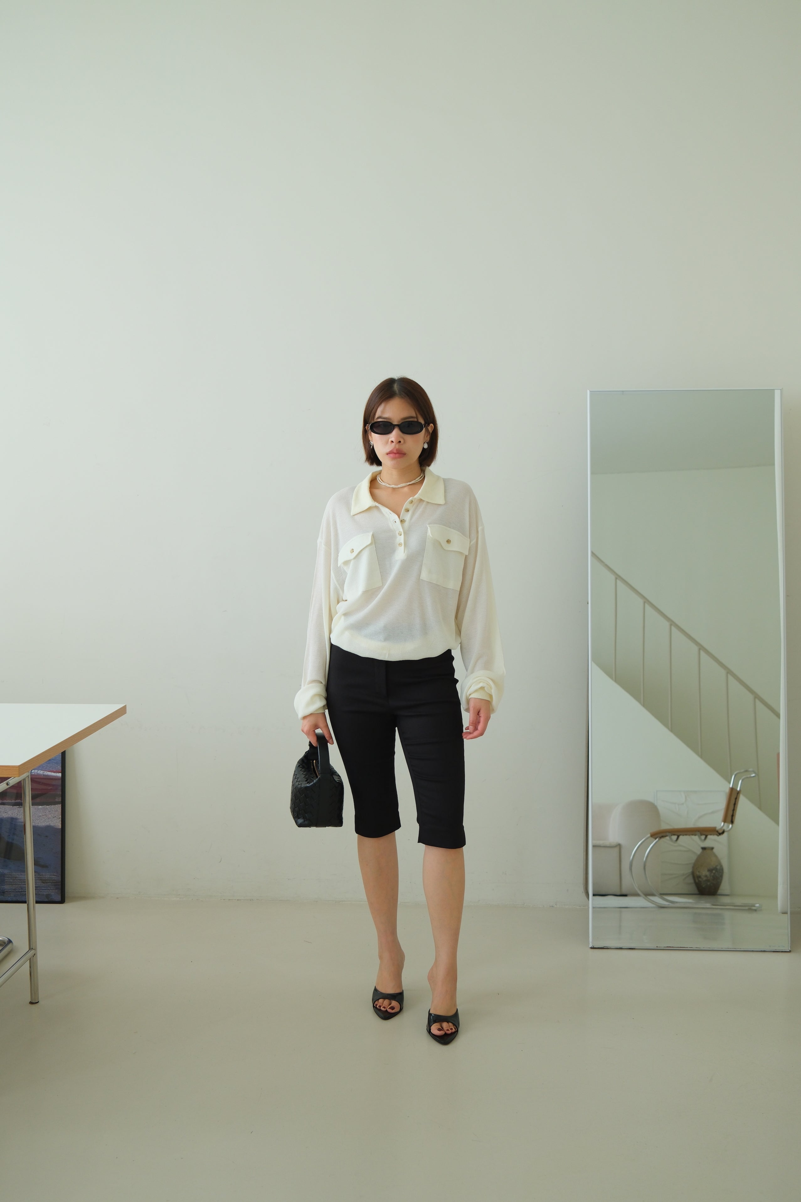 Waffle Knit Polo Long Sleeve Top