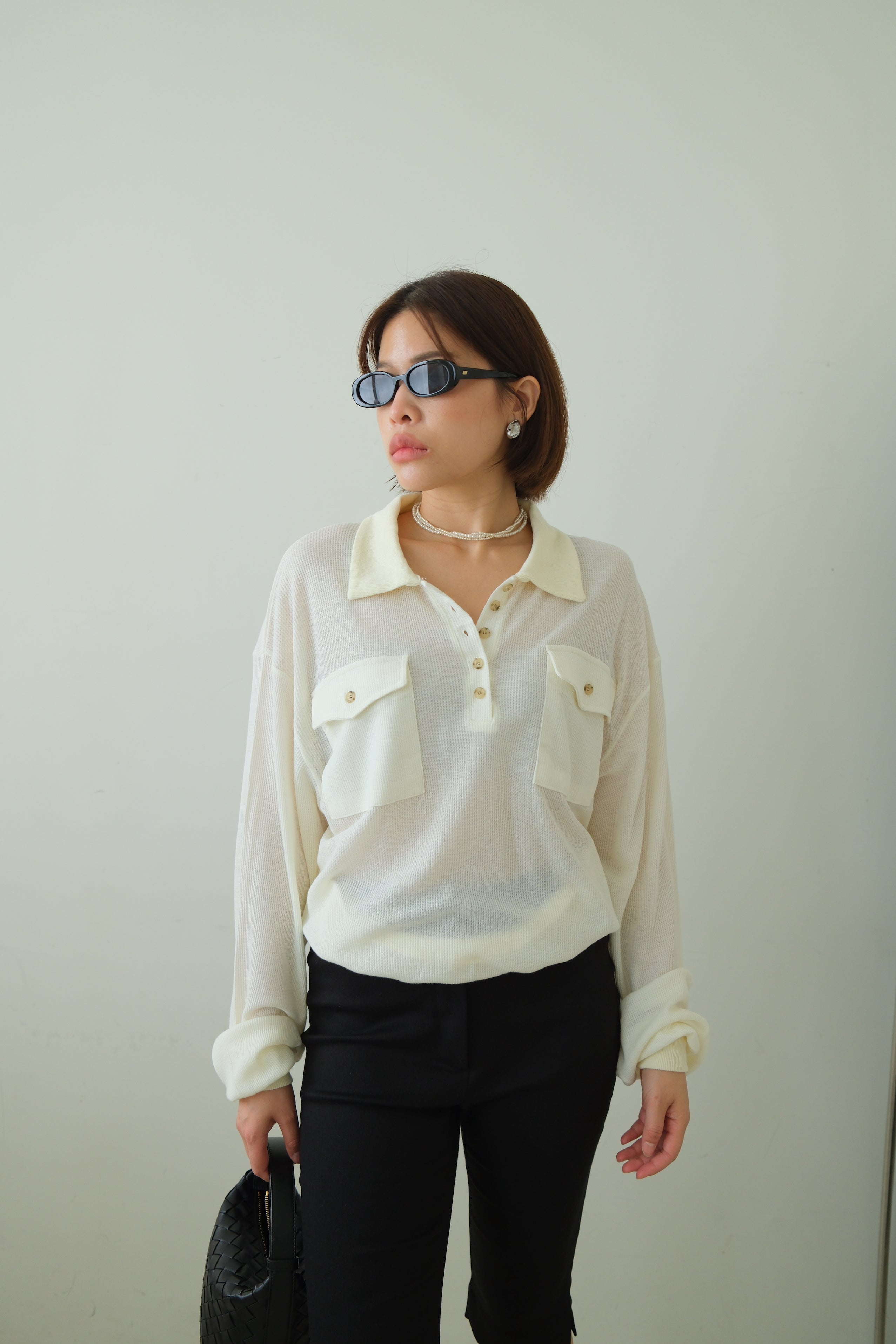 Waffle Knit Polo Long Sleeve Top