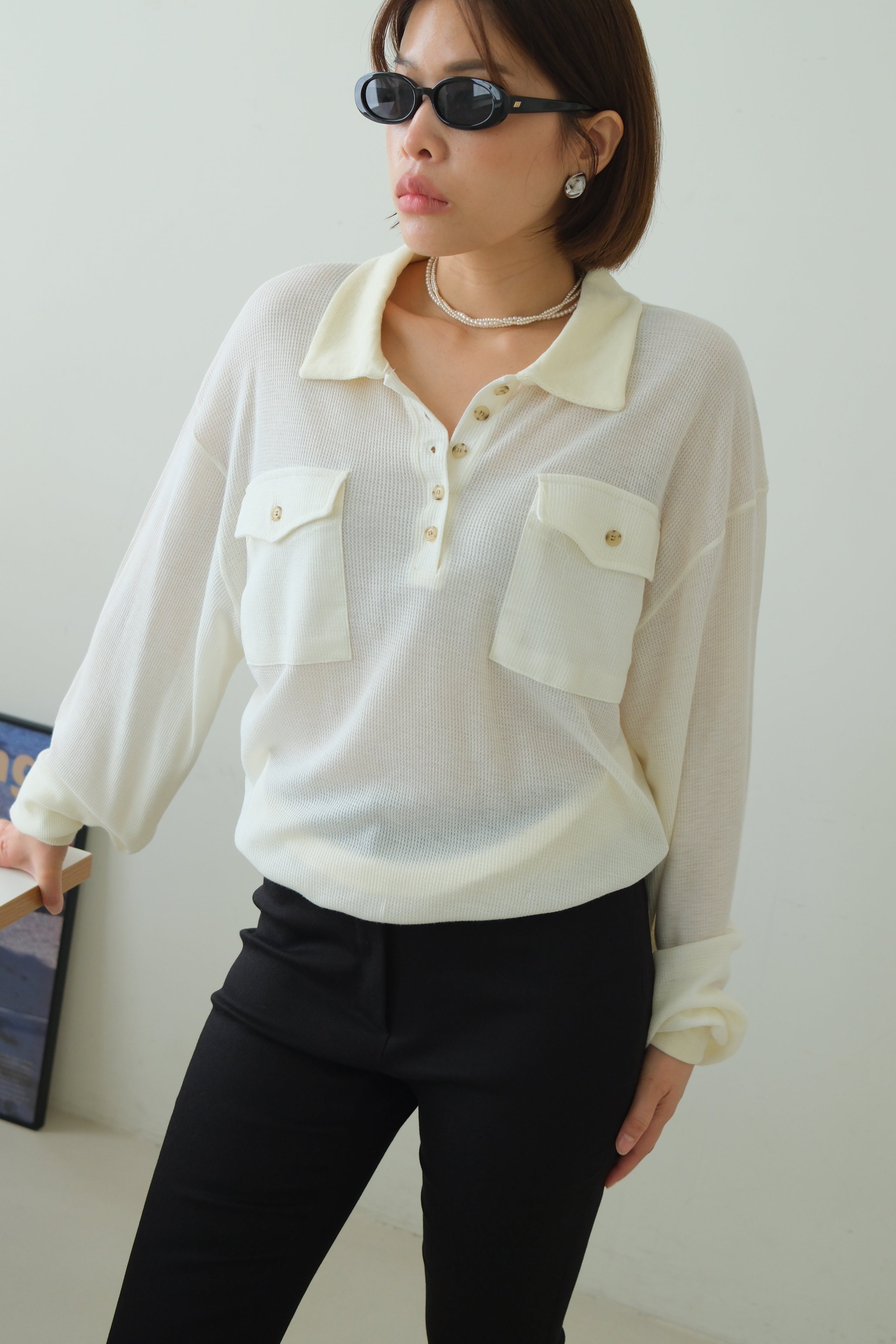 Waffle Knit Polo Long Sleeve Top
