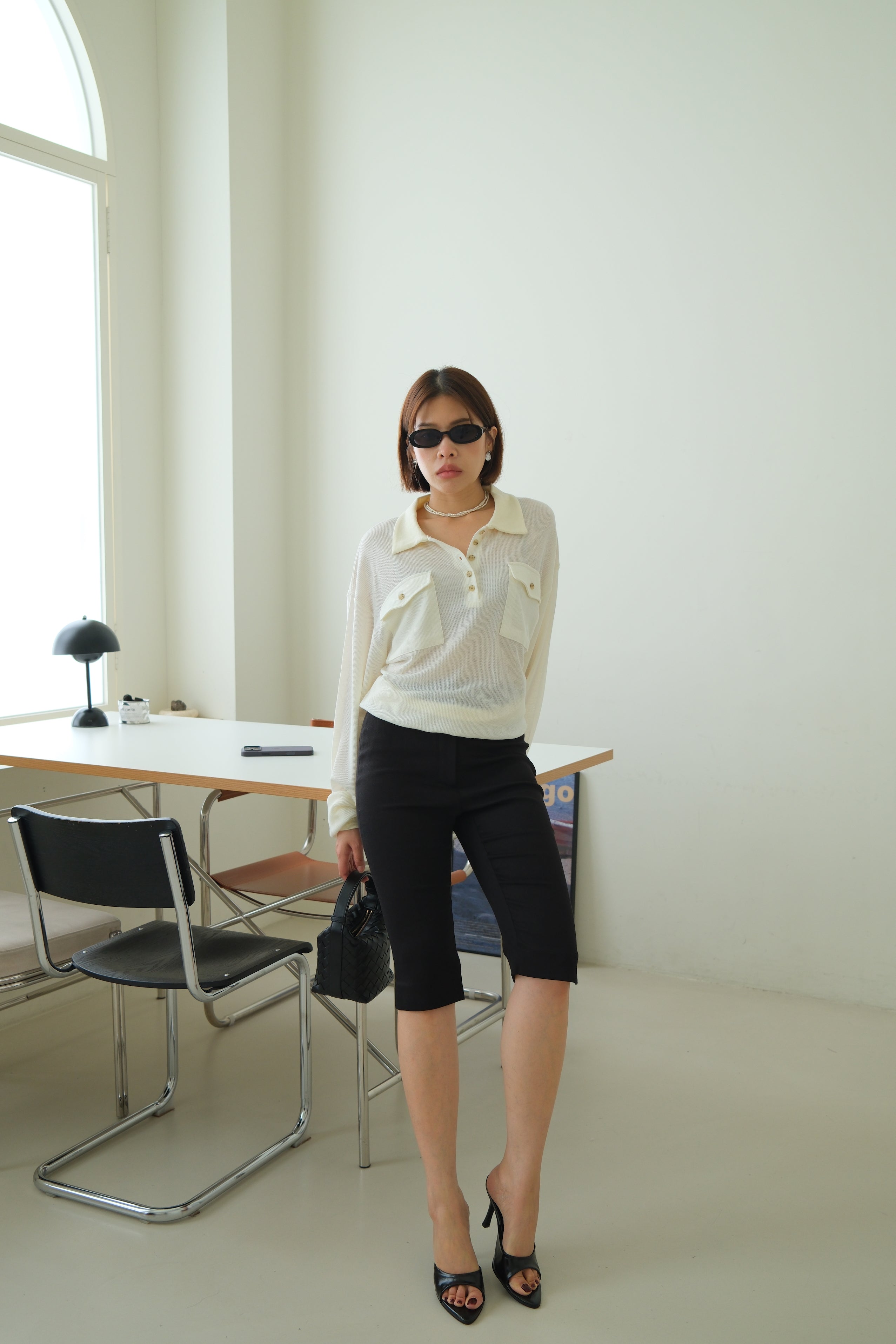 Waffle Knit Polo Long Sleeve Top