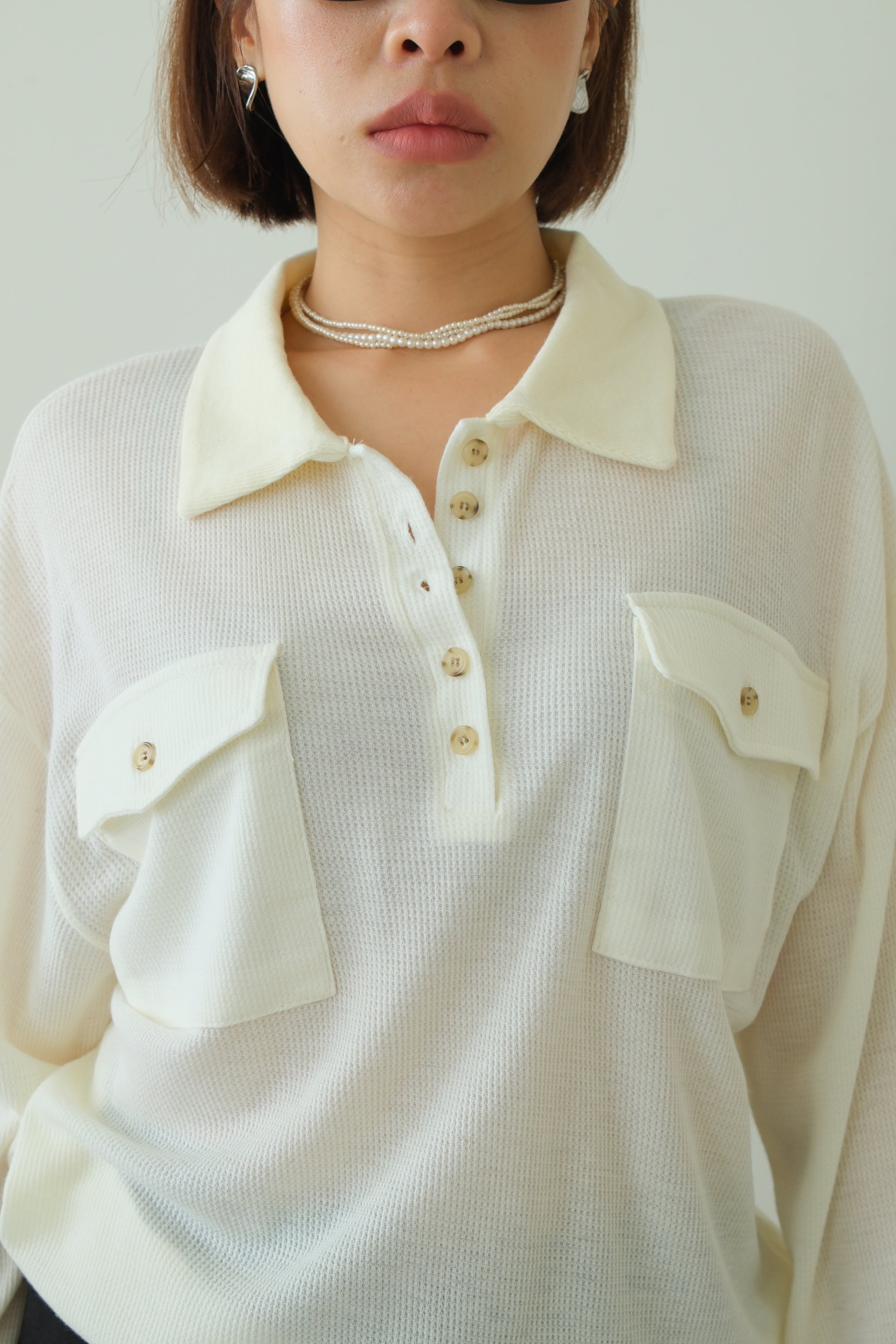 Waffle Knit Polo Long Sleeve Top