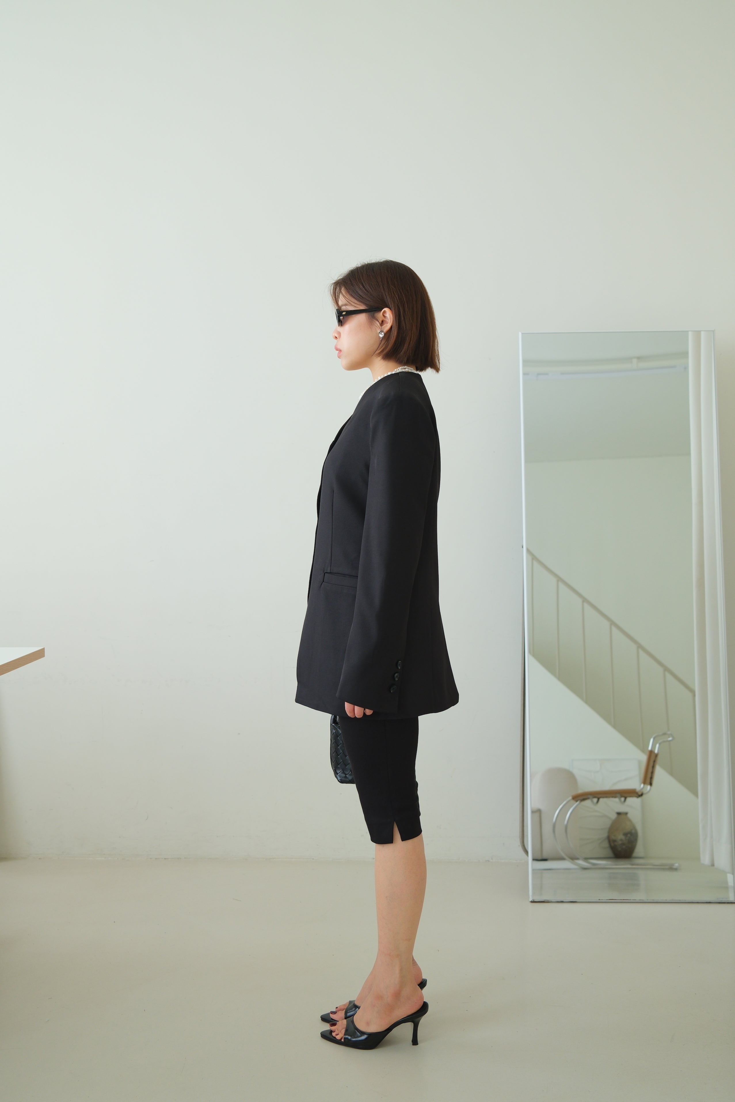 Collarless V-Neck Longline Blazer