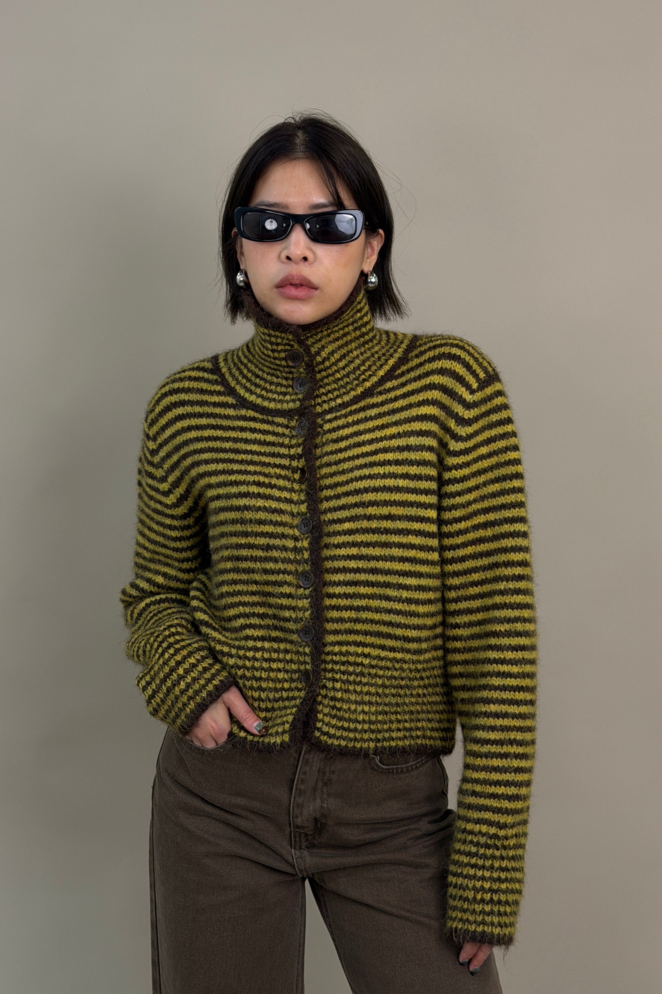 striped high-neck Fluffy cardigan