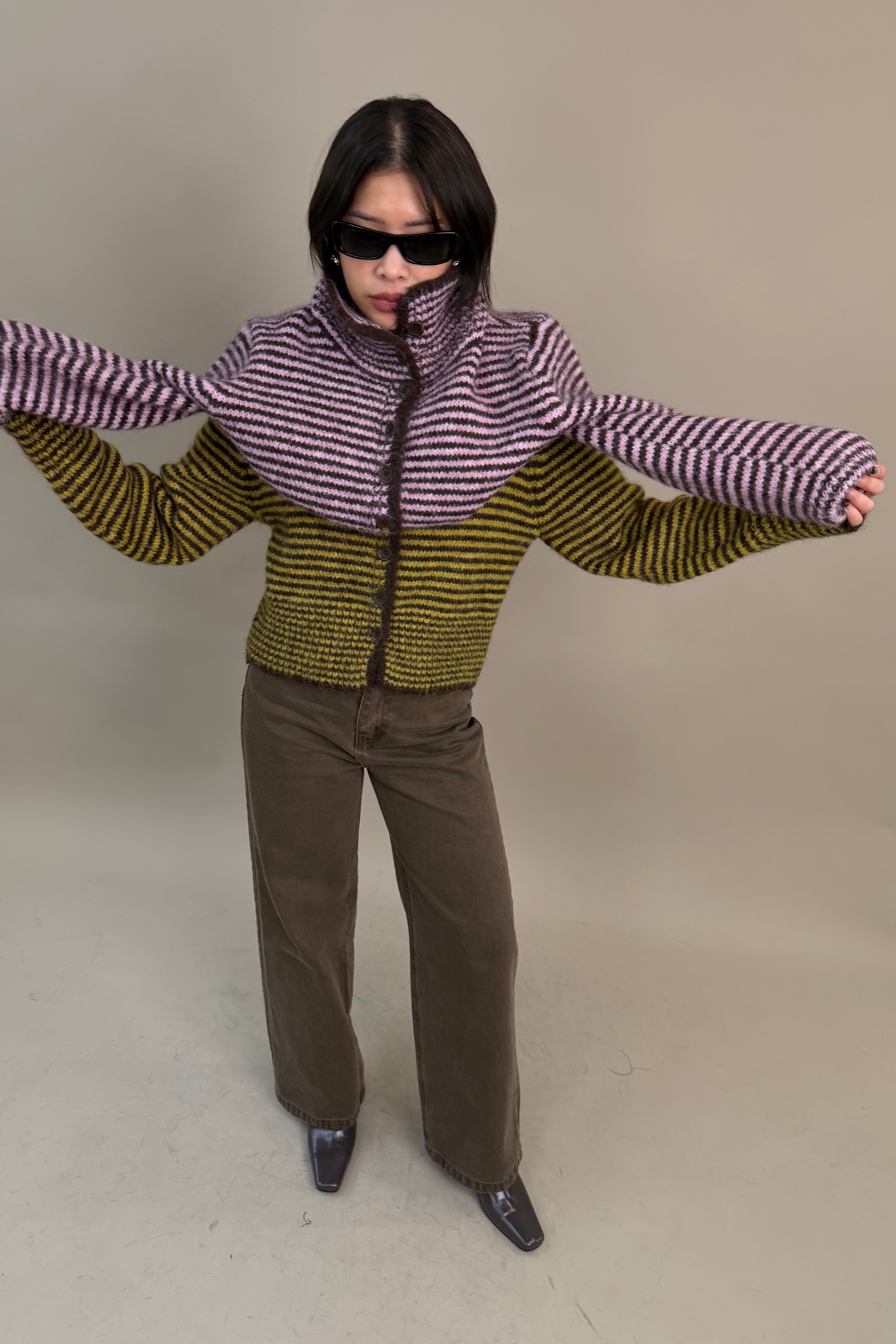 striped high-neck Fluffy cardigan