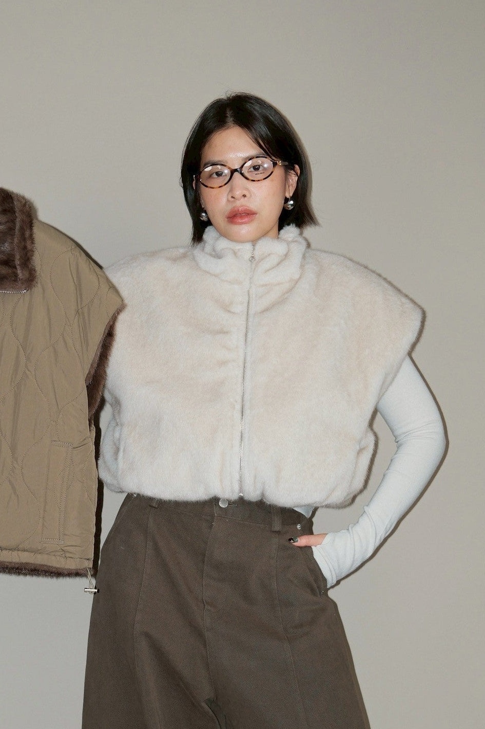 Monki Fluffy reversible quilted crop jacket