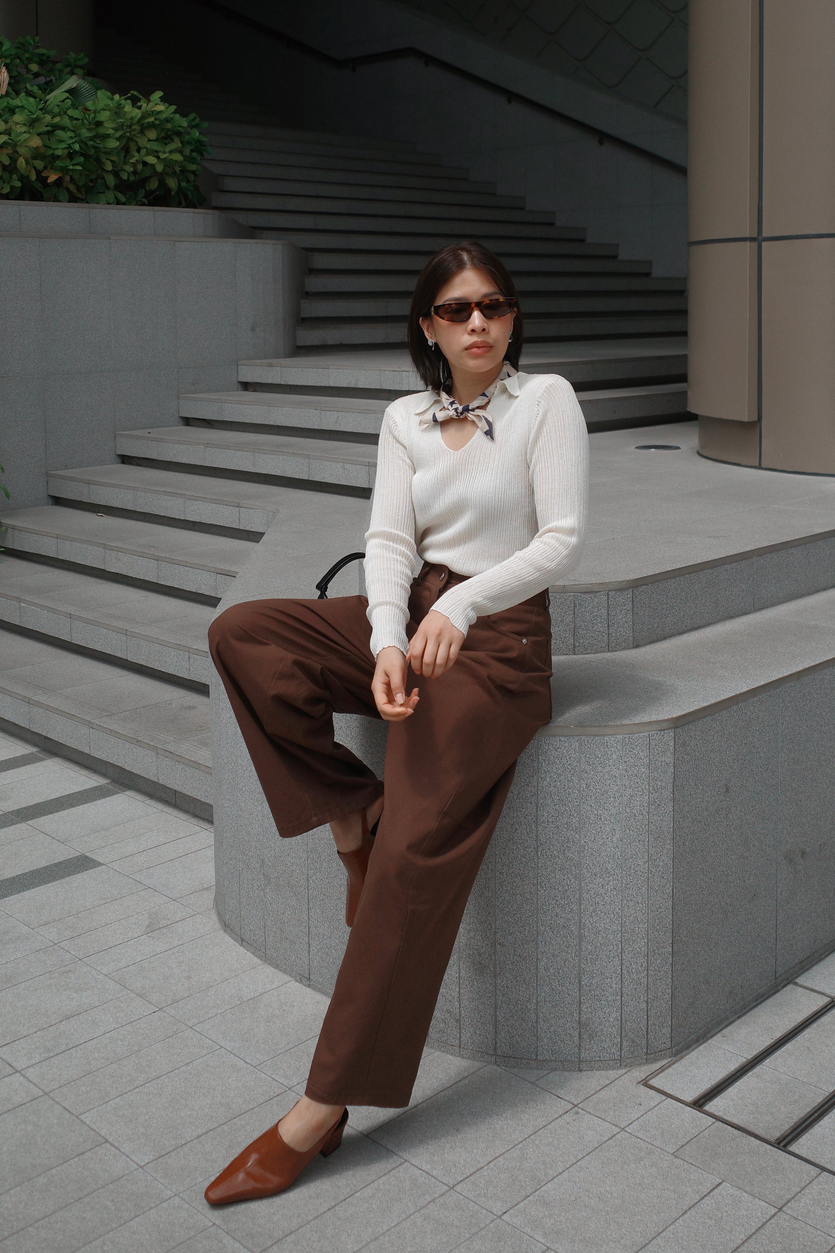 lapel linen knit long sleeve top