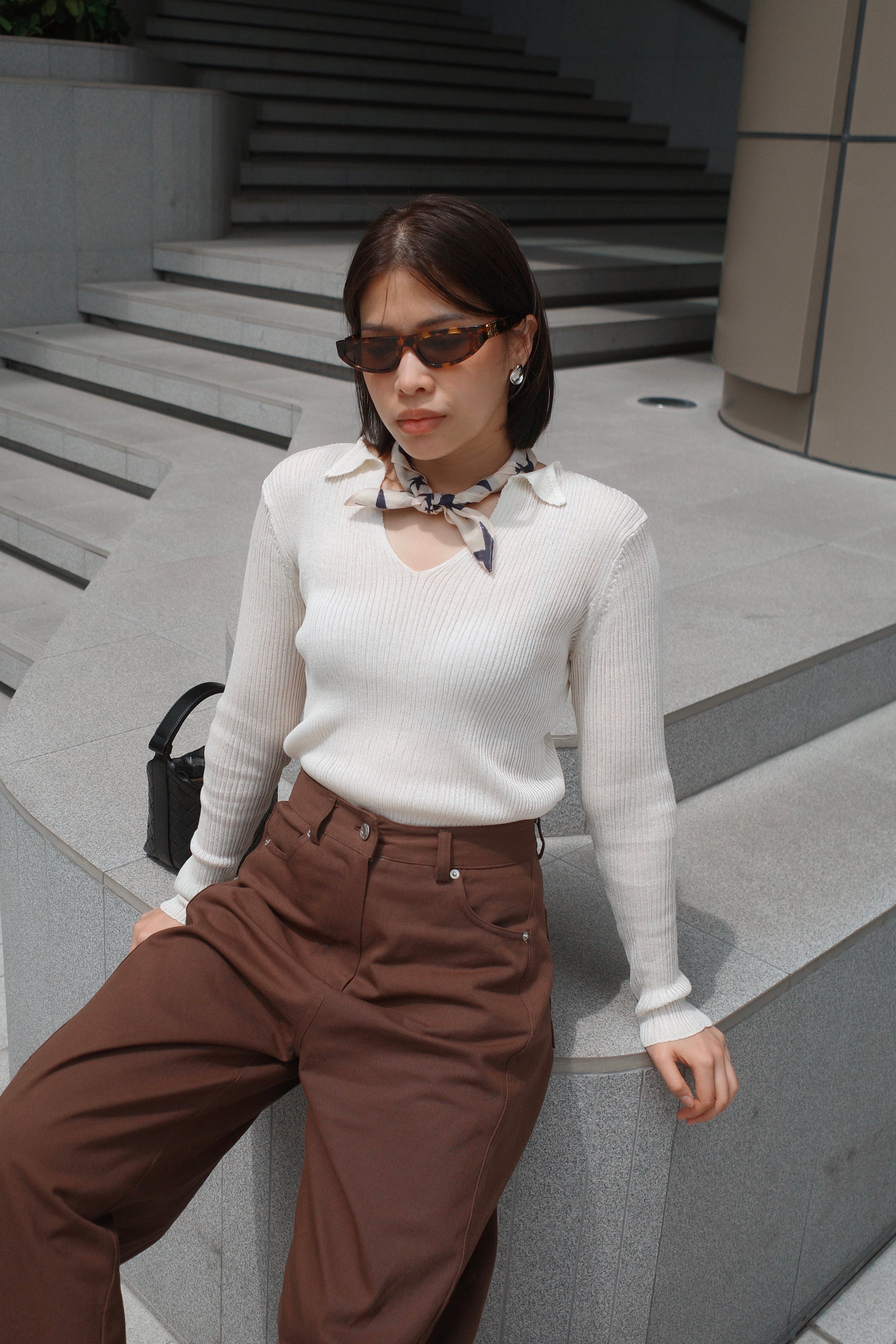 lapel linen knit long sleeve top