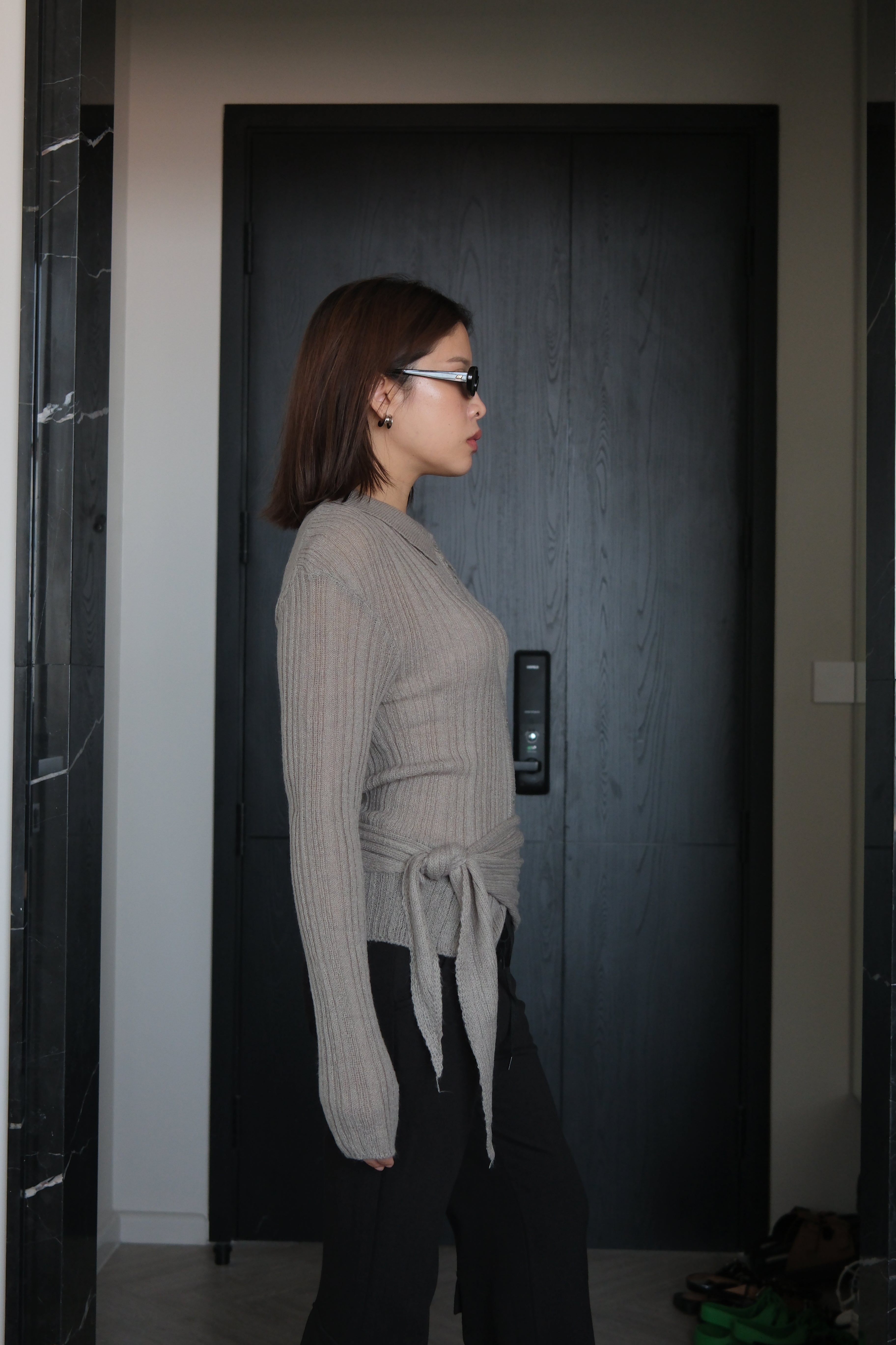 Fluffy cardigan with triangle scarf set
