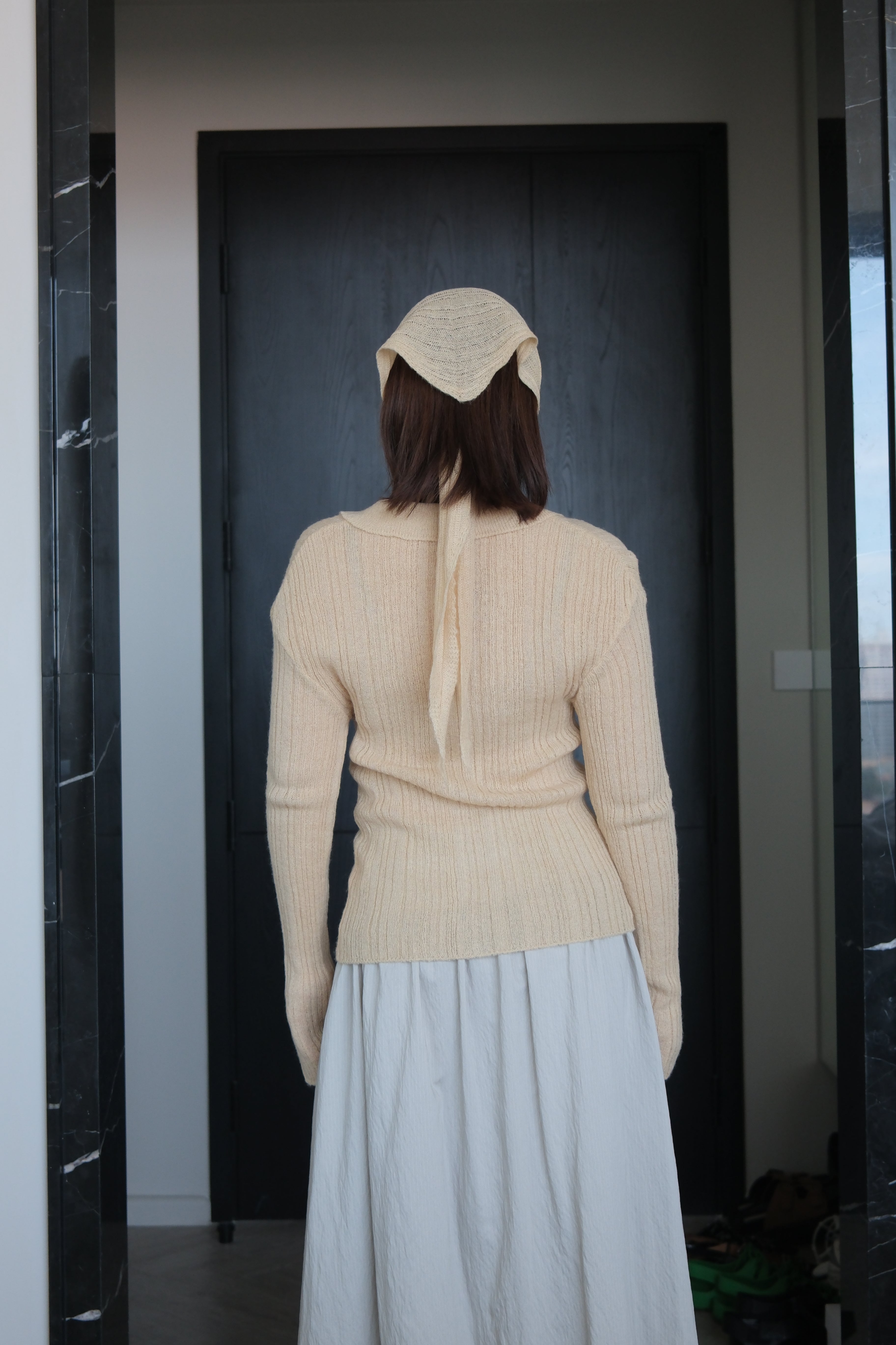 Fluffy cardigan with triangle scarf set